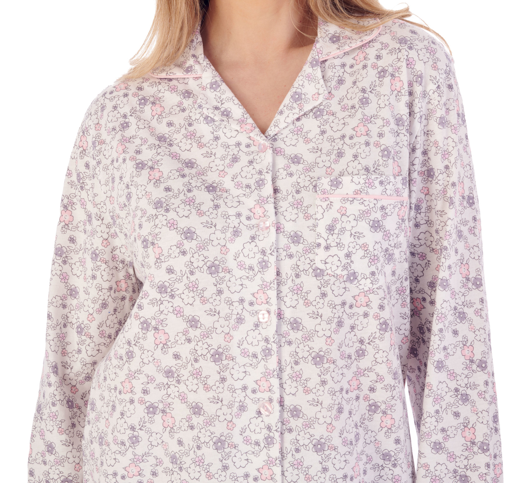 Slenderella Womens Ditsy Floral Pyjamas Cotton Jersey Button Up Top & PJ Bottoms - Picture 23 of 37