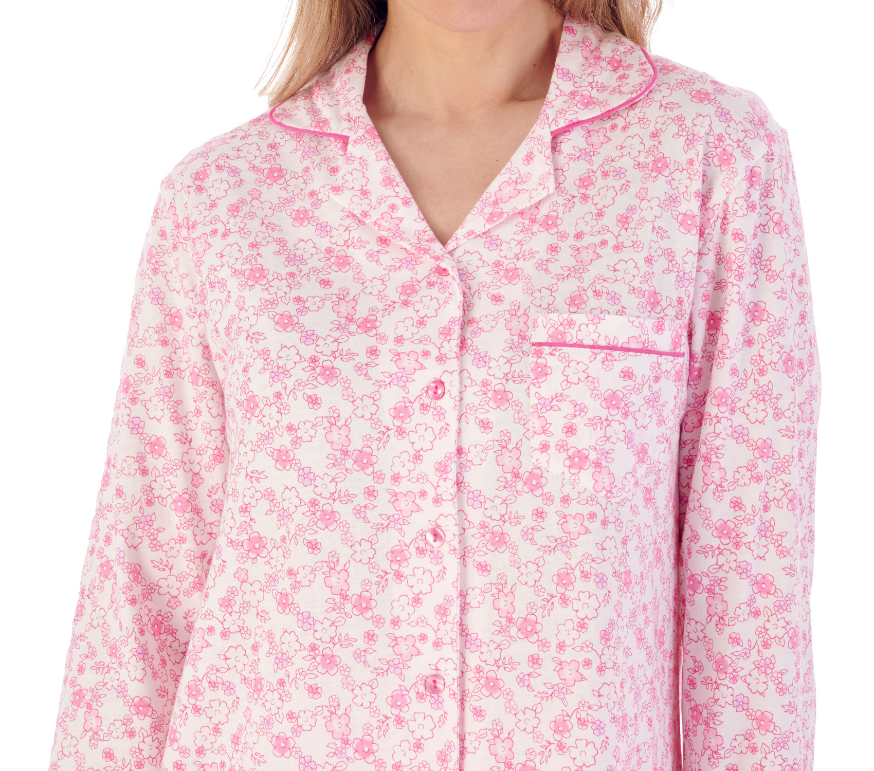 Slenderella Womens Ditsy Floral Pyjamas Cotton Jersey Button Up Top & PJ Bottoms - Picture 37 of 37