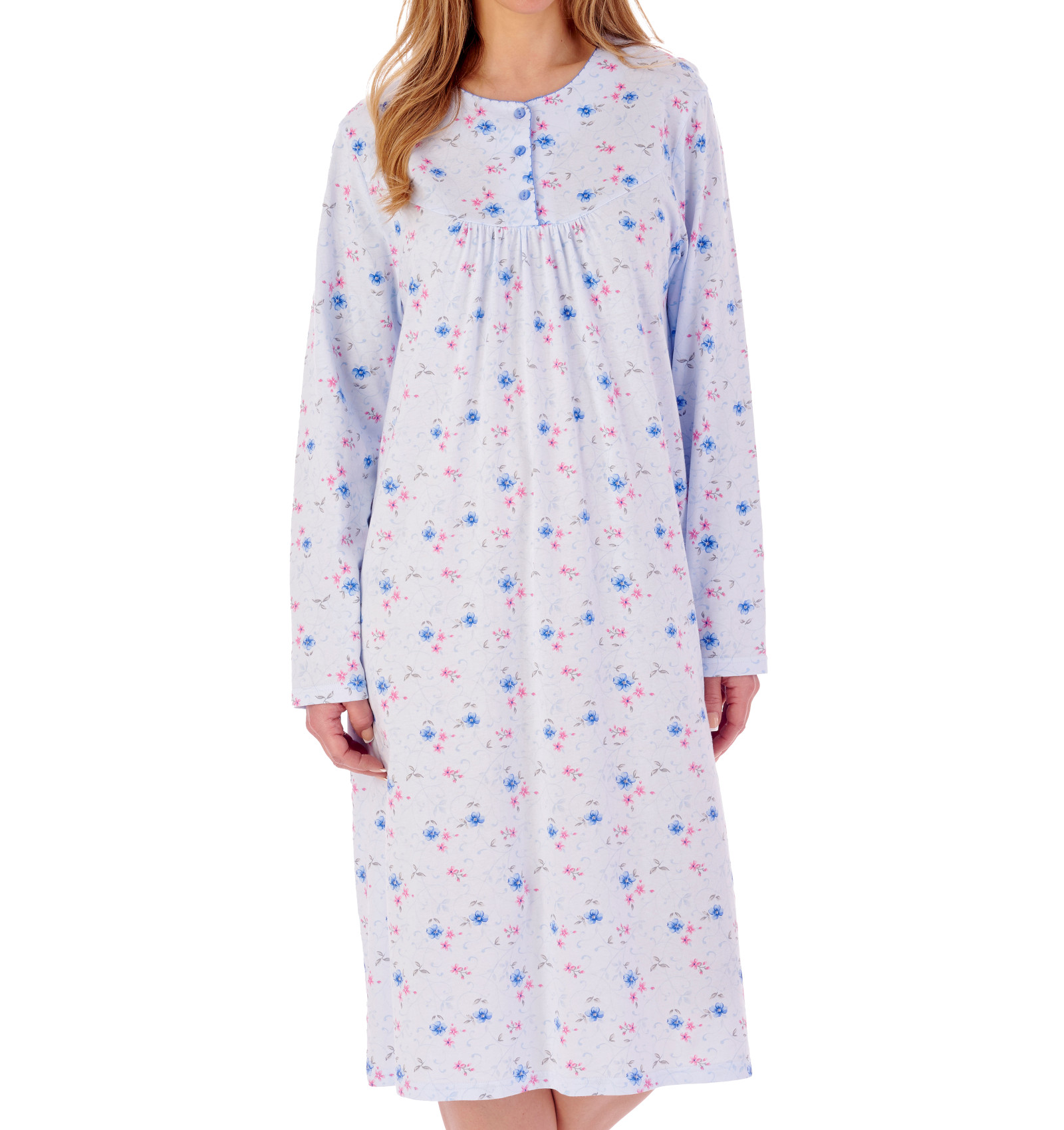 Slenderella Womens Cotton Jersey Floral Nightdress Long Sleeve Nightgown Nighty - Picture 11 of 29