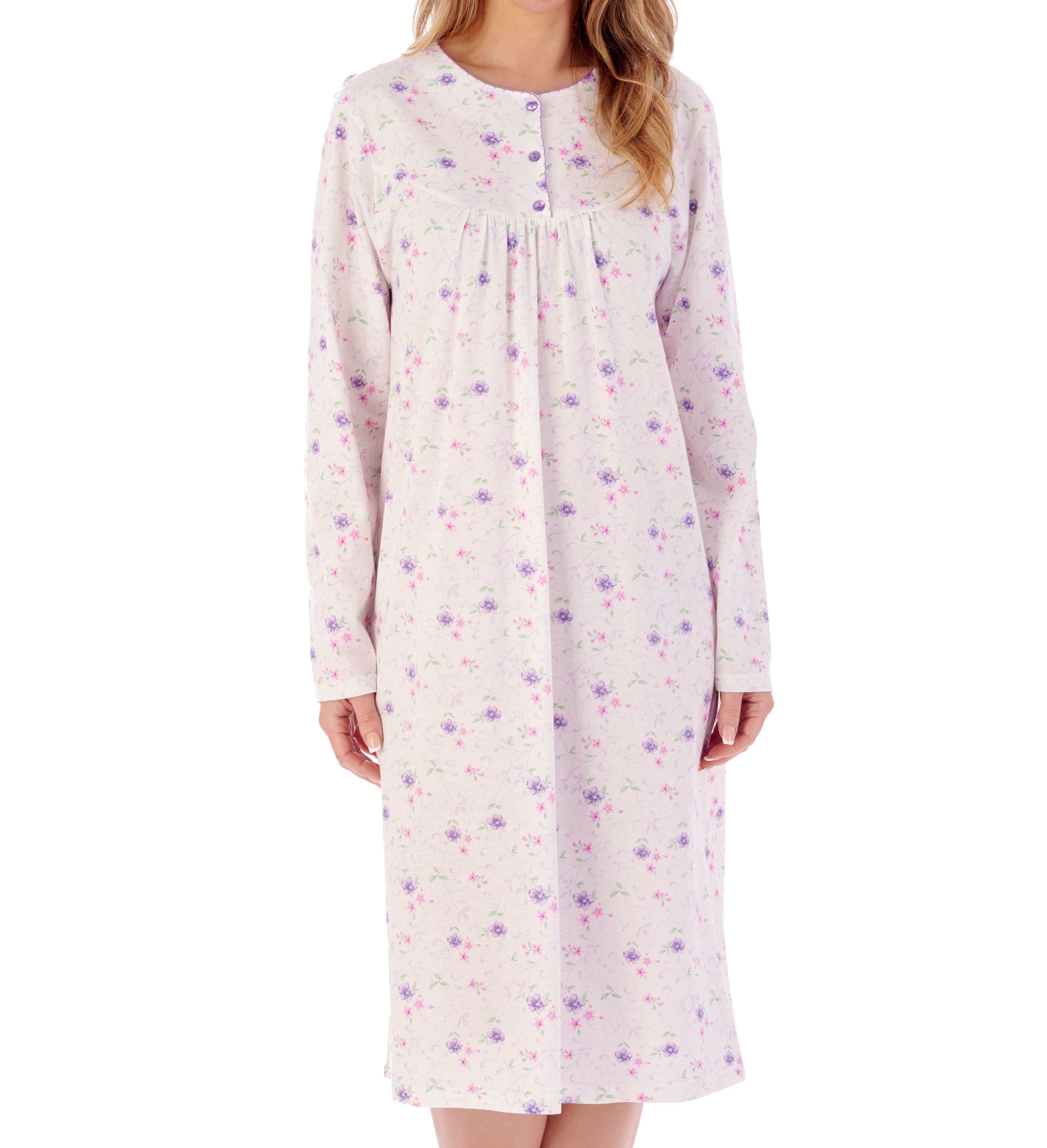 Slenderella Womens Cotton Jersey Floral Nightdress Long Sleeve Nightgown Nighty - Picture 15 of 29