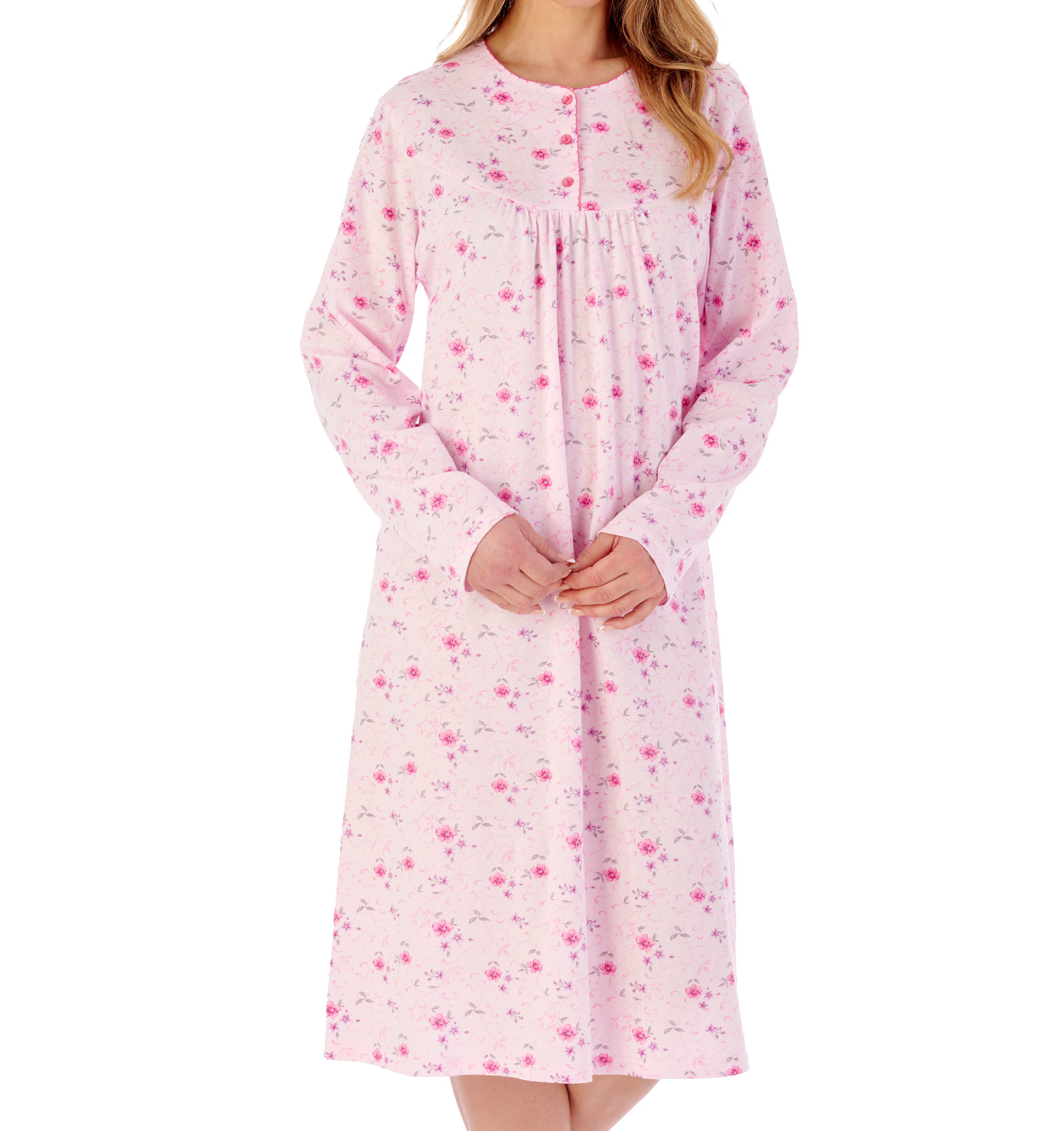 Slenderella Womens Cotton Jersey Floral Nightdress Long Sleeve Nightgown Nighty - Picture 28 of 29