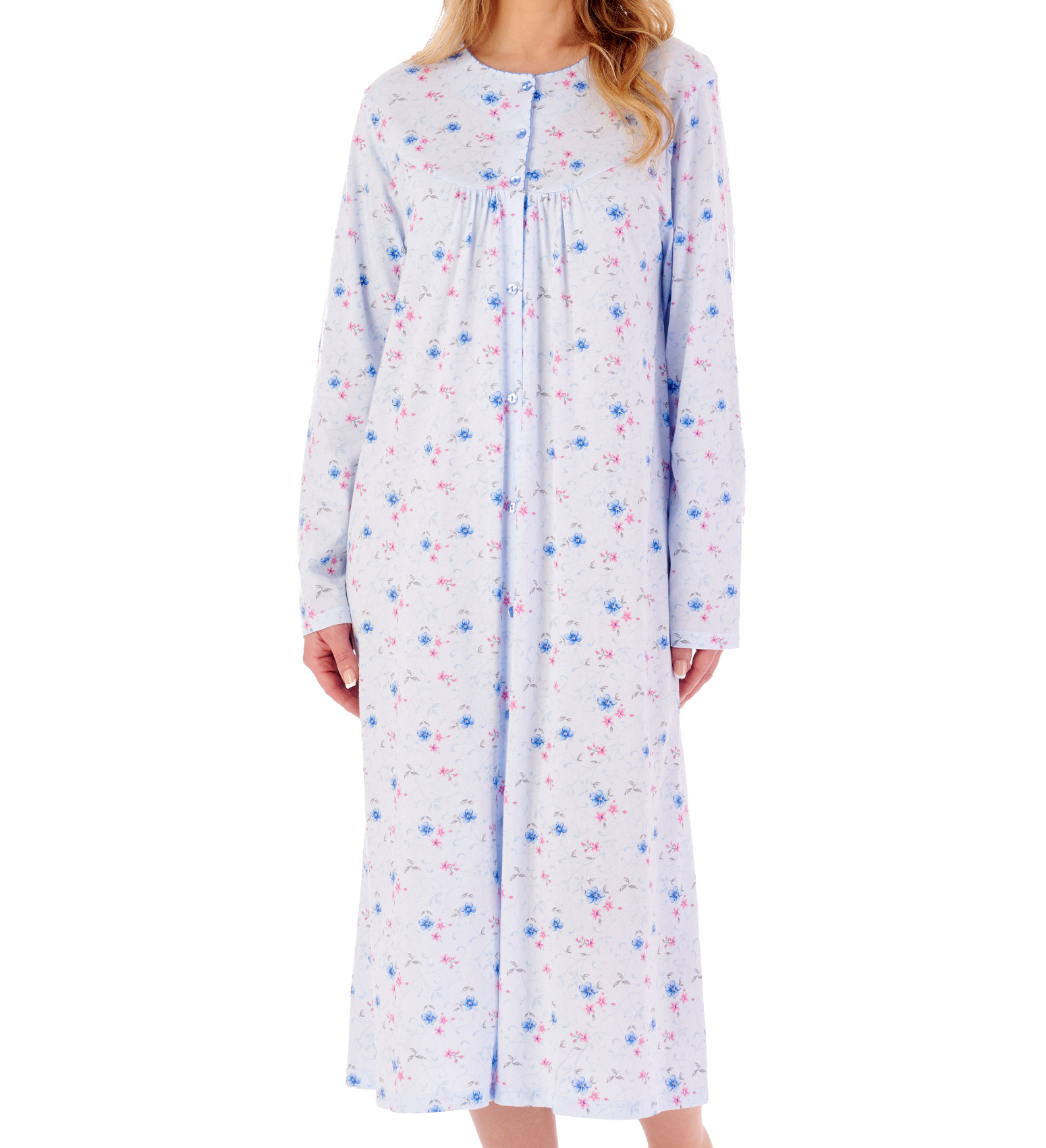 Slenderella Womens Button Down Floral Jersey Nightdress Long Sleeved Nightgown - Picture 12 of 43