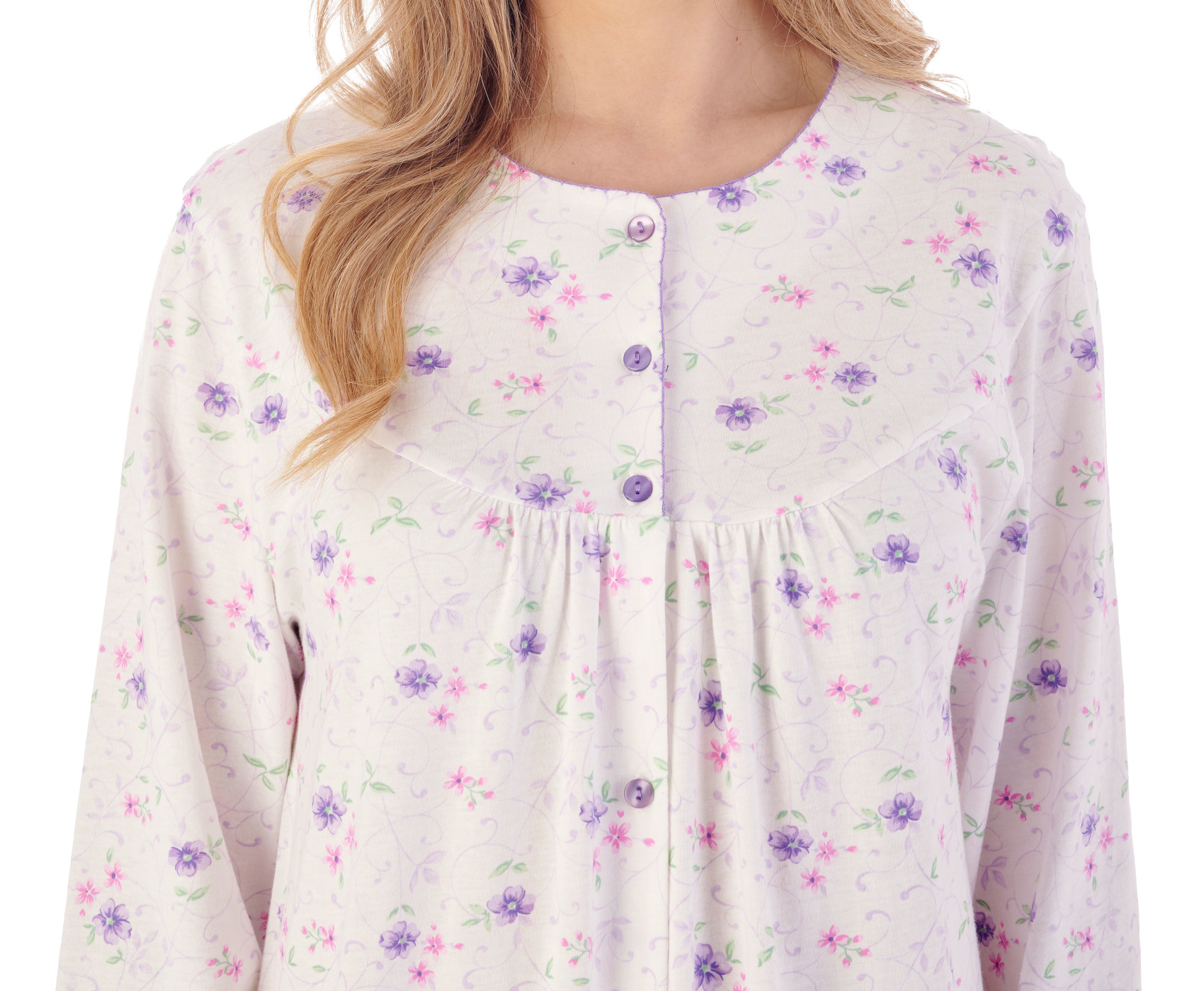 Slenderella Womens Button Down Floral Jersey Nightdress Long Sleeved Nightgown - Picture 25 of 43