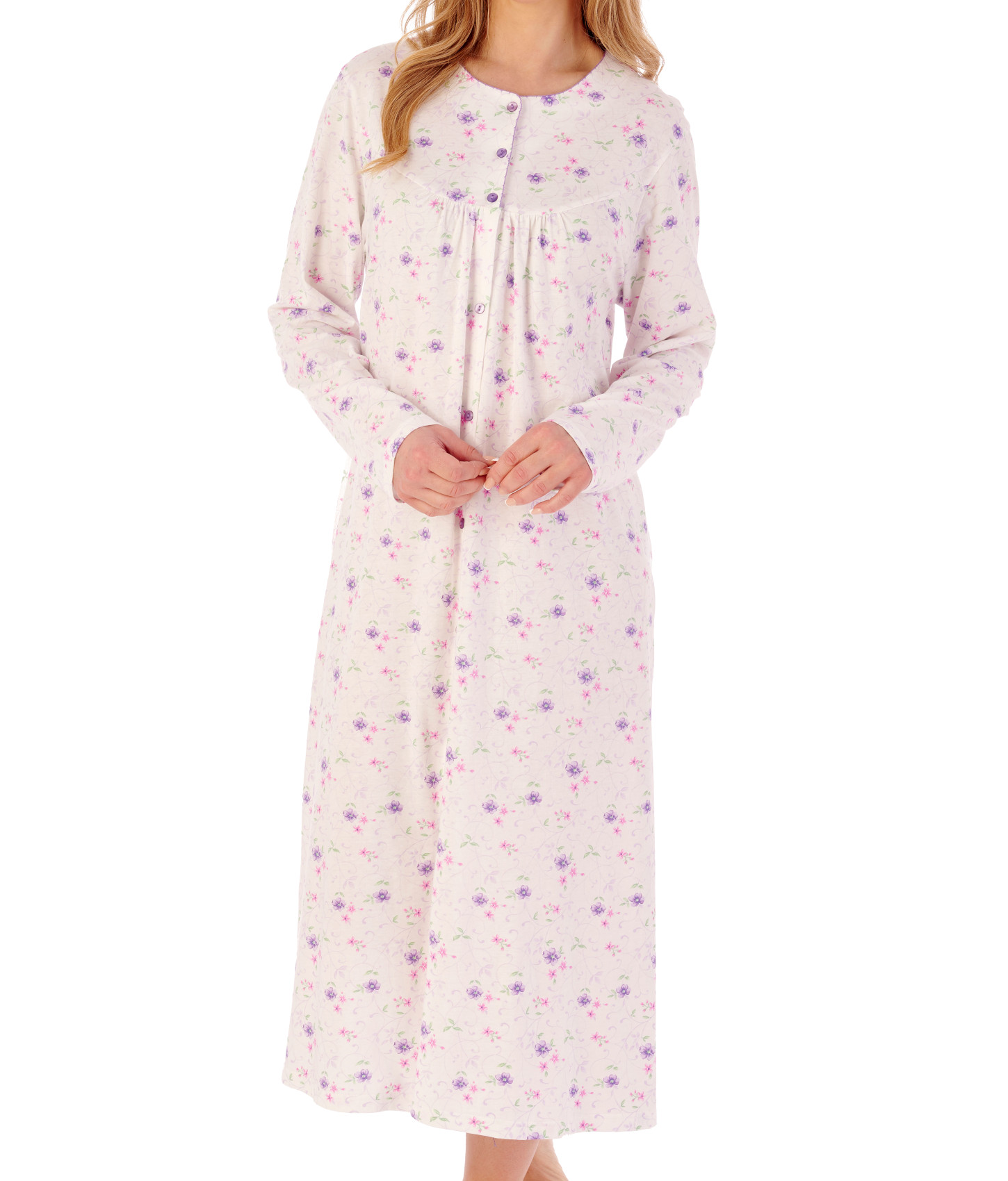 Slenderella Womens Button Down Floral Jersey Nightdress Long Sleeved Nightgown - Picture 30 of 43