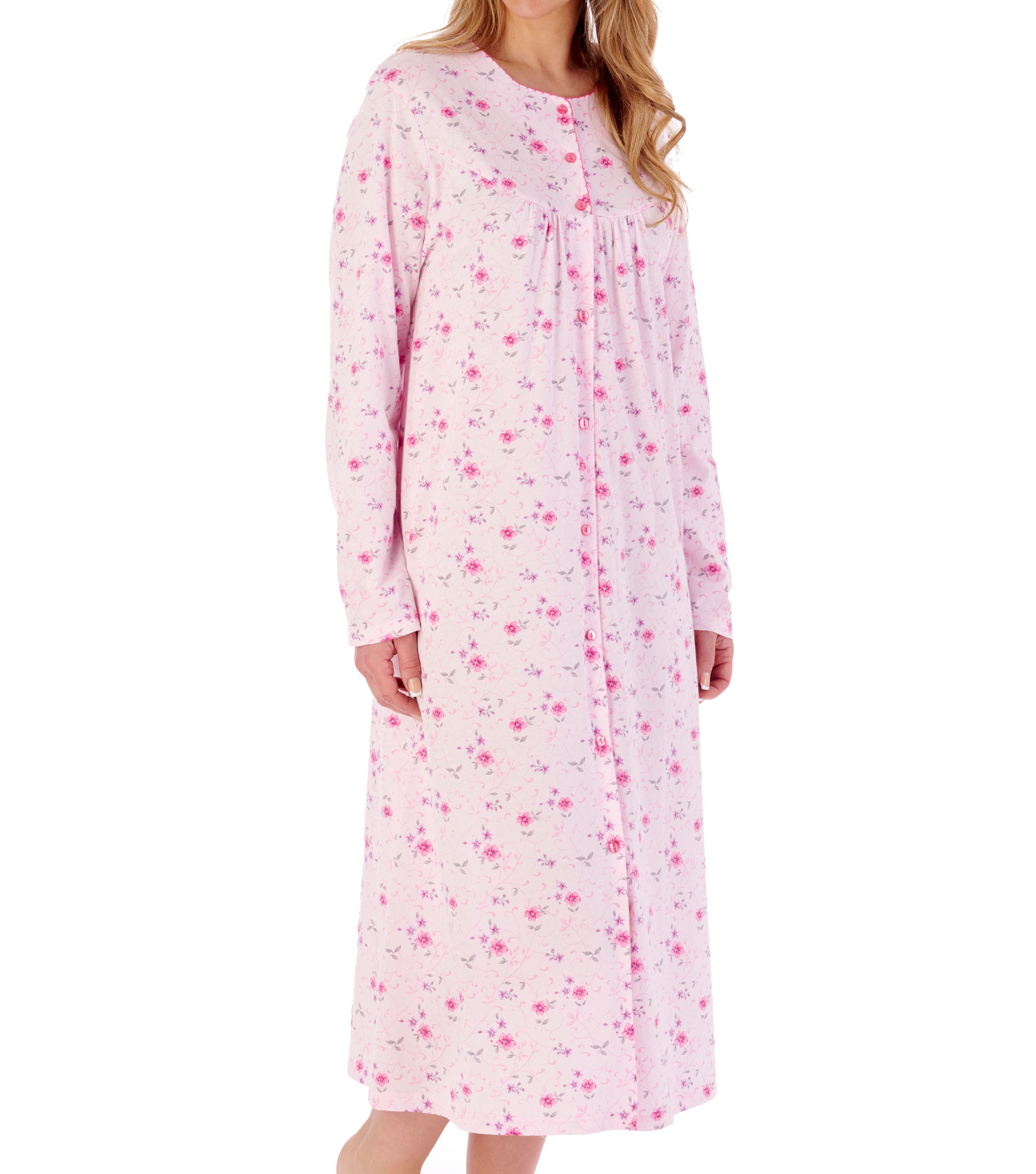 Slenderella Womens Button Down Floral Jersey Nightdress Long Sleeved Nightgown - Picture 42 of 43