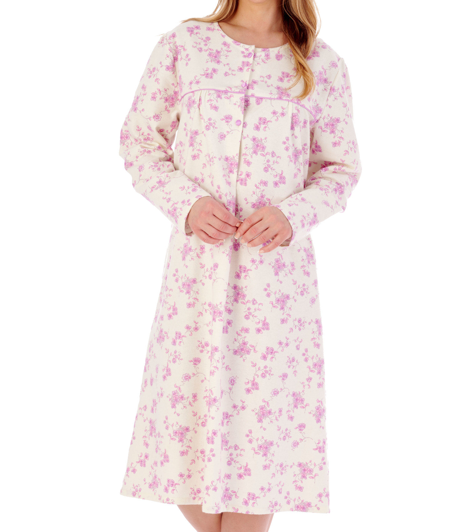 Slenderella Womens Floral Nightdress Long Sleeve Brushed Cotton Nightgown Nighty - Picture 24 of 43