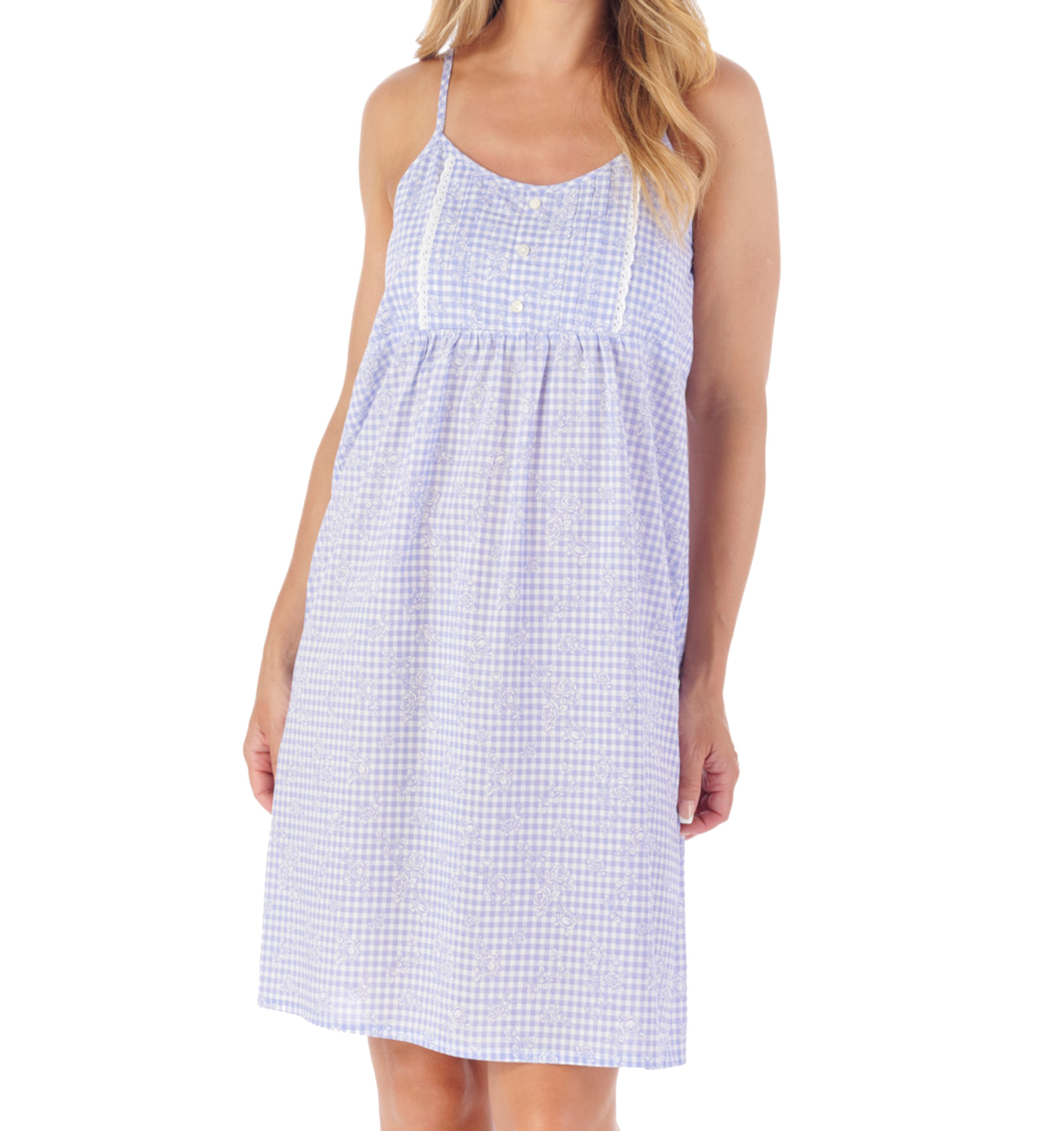 Slenderella Negligee Gingham & Blume Baumwolle Damen verstellbare Träger Nachthemd - Bild 14 von 31