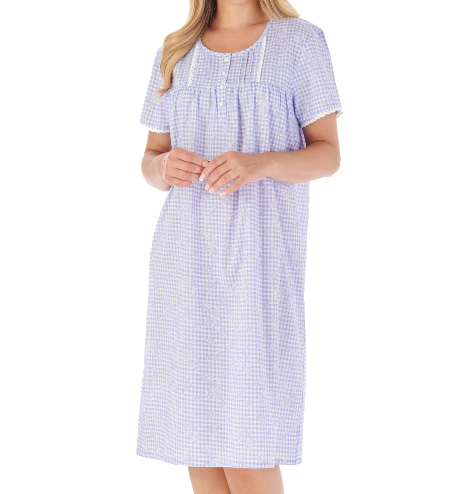 Slenderella Nightdress Ladies Cotton Gingham Check & Floral Short Sleeve Nightie - Picture 6 of 25