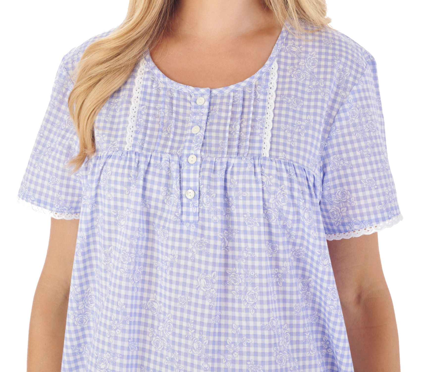 Slenderella Nightdress Ladies Cotton Gingham Check & Floral Short Sleeve Nightie - Picture 7 of 25