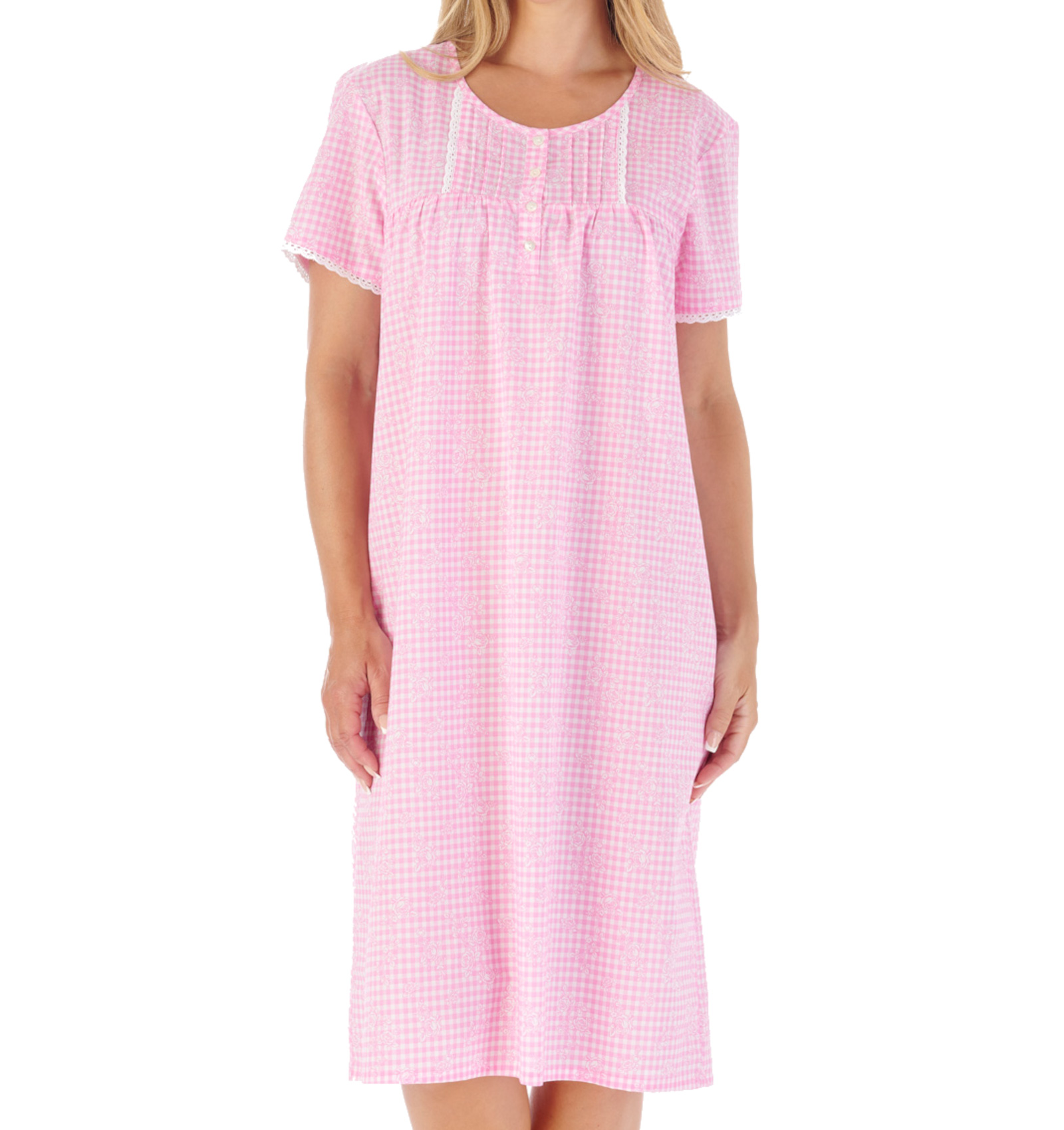 Slenderella Nightdress Ladies Cotton Gingham Check & Floral Short Sleeve Nightie - Picture 16 of 25