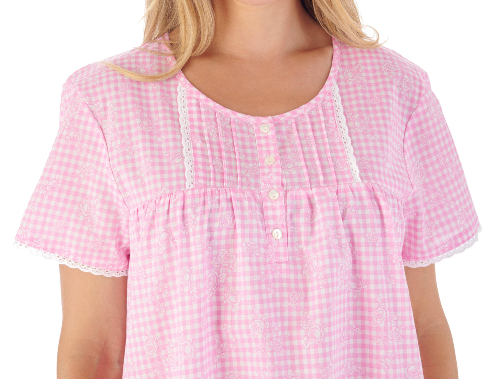 Slenderella Nightdress Ladies Cotton Gingham Check & Floral Short Sleeve Nightie - Picture 23 of 25