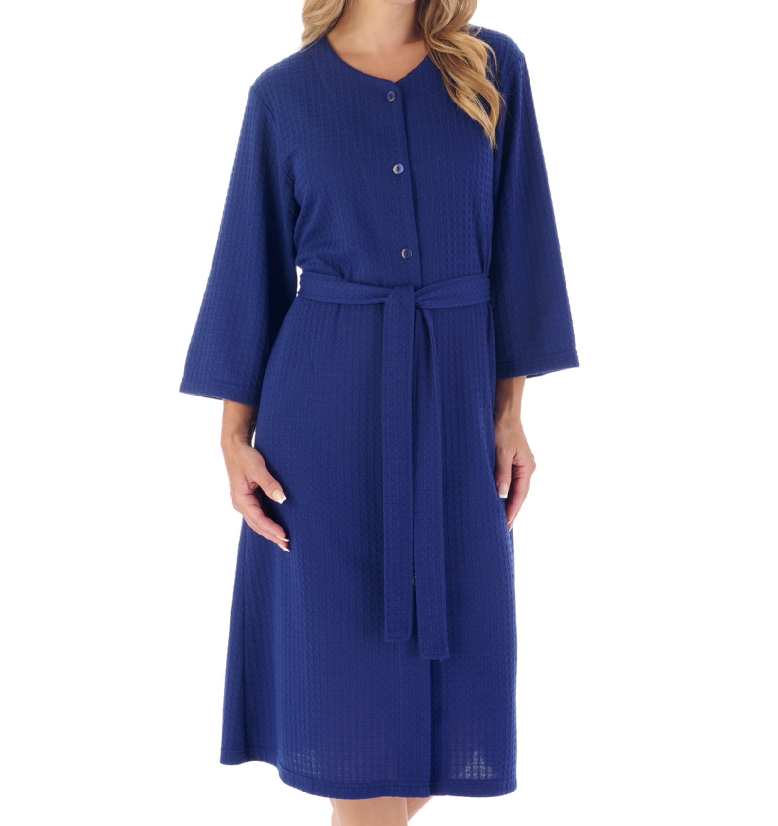 Bathrobe Womens 3/4 Sleeve Waffle Button Up Housecoat Dressing Gown Slenderella - Picture 29 of 46