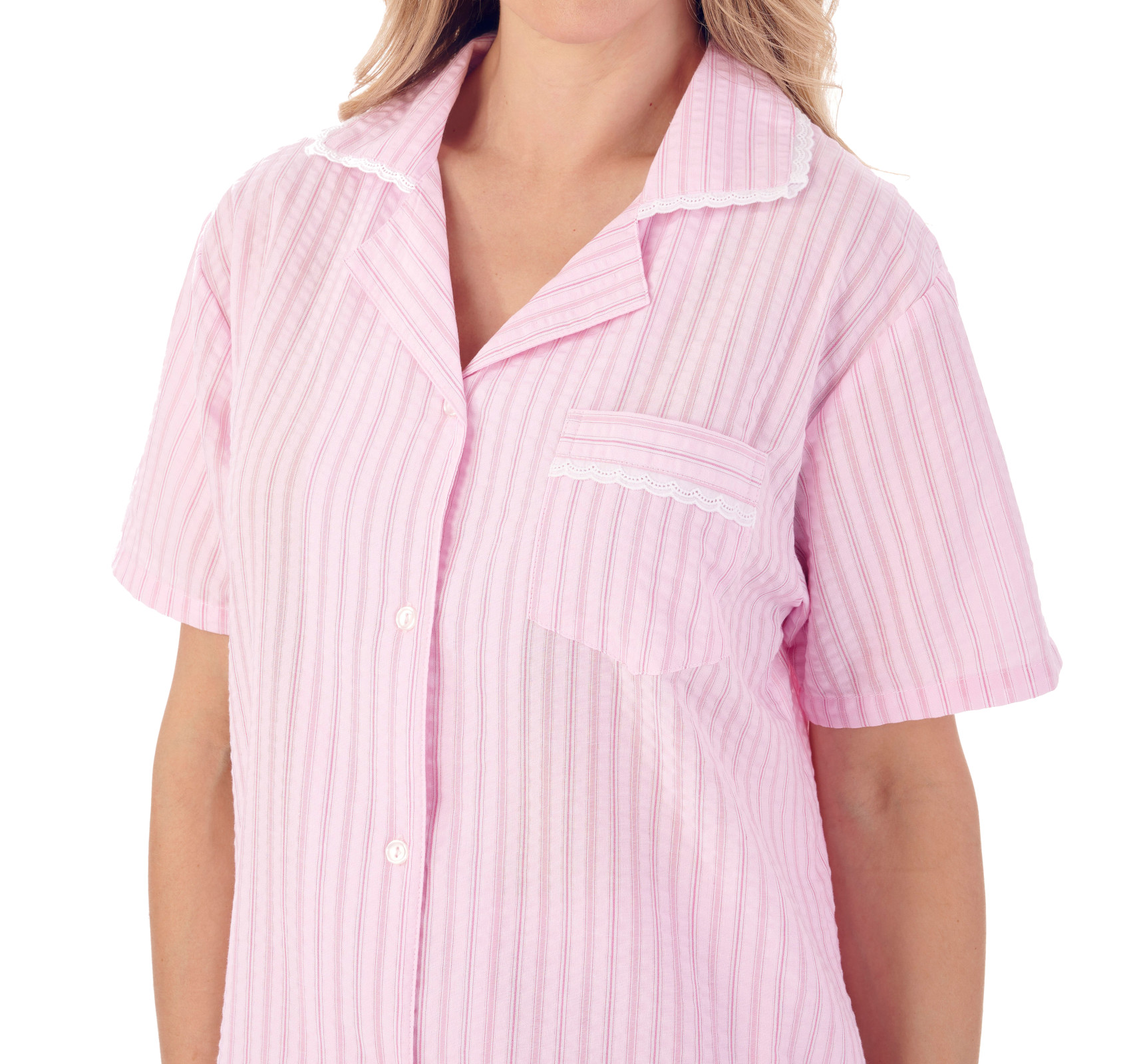 Slenderella Ladies Seersucker Stripe Pyjamas Classic Tailored Lightweight PJs - Picture 25 of 25