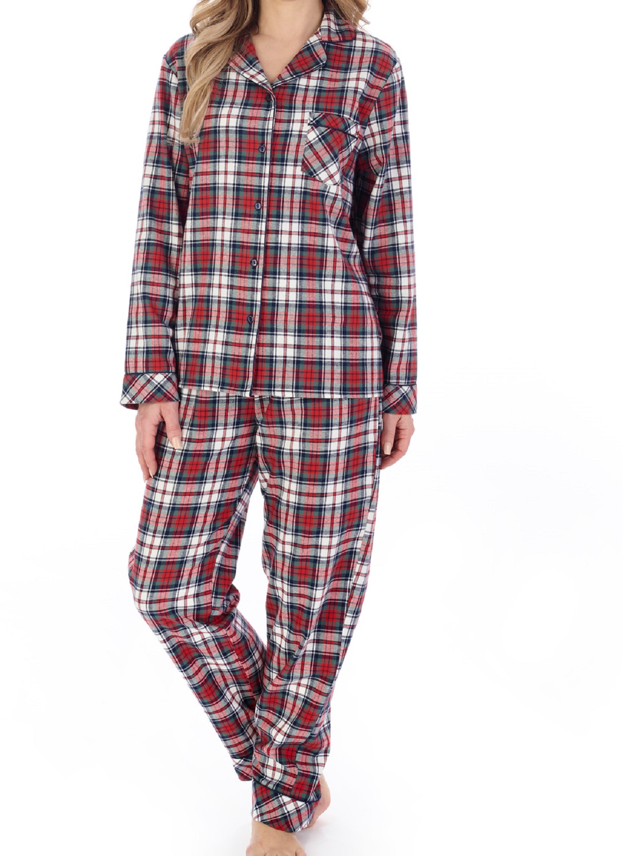 Slenderella Ladies Red Checked Cotton Pyjamas Button Up Top & Bottoms Tartan Set - Picture 7 of 15