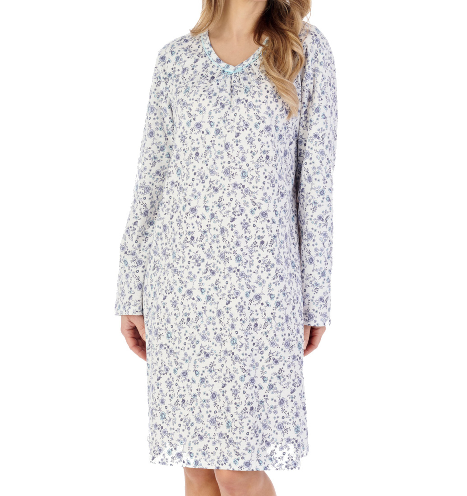 Slenderella Ladies Ditsy Floral Jersey Cotton Nightdress Long Sleeve Nightie - Picture 18 of 37