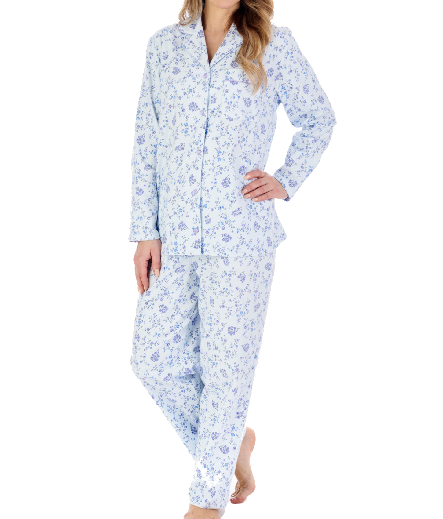 Slenderella Ladies Floral Tailored Pyjamas Flannel Button Up Top & PJ Bottoms - Picture 10 of 37