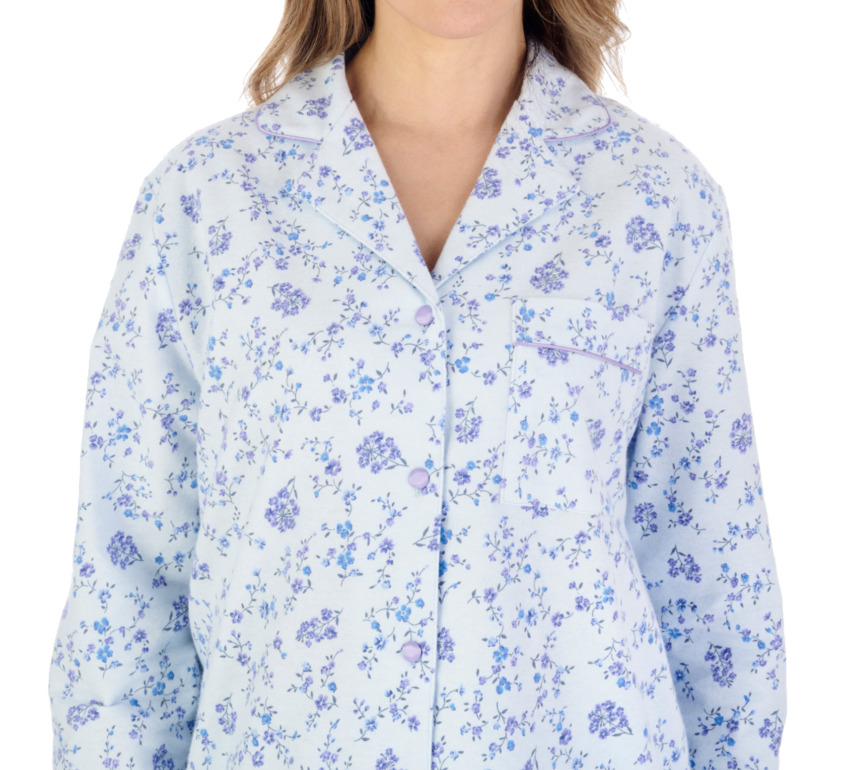 Slenderella Ladies Floral Tailored Pyjamas Flannel Button Up Top & PJ Bottoms - Picture 11 of 37