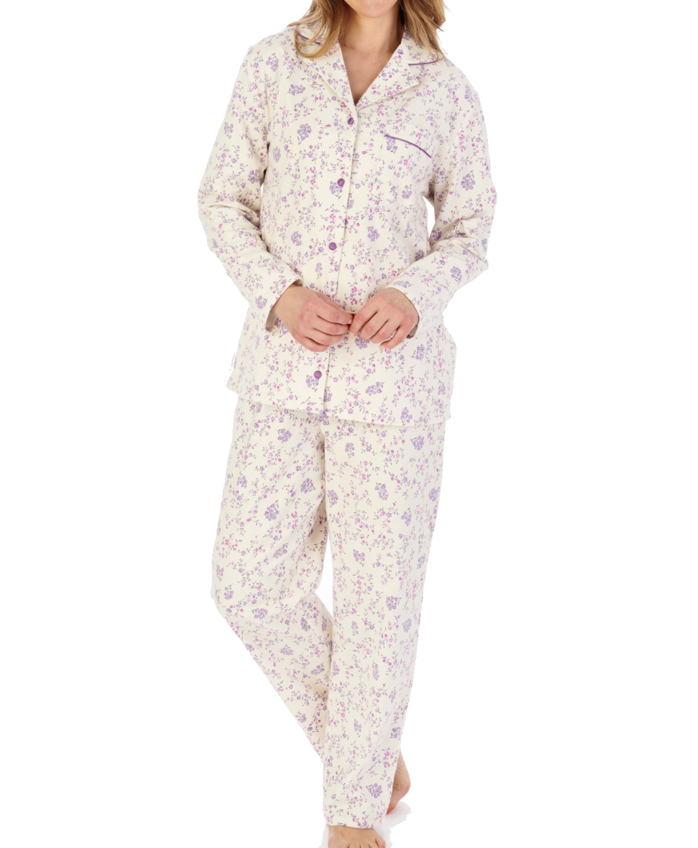 Slenderella Ladies Floral Tailored Pyjamas Flannel Button Up Top & PJ Bottoms - Picture 20 of 37