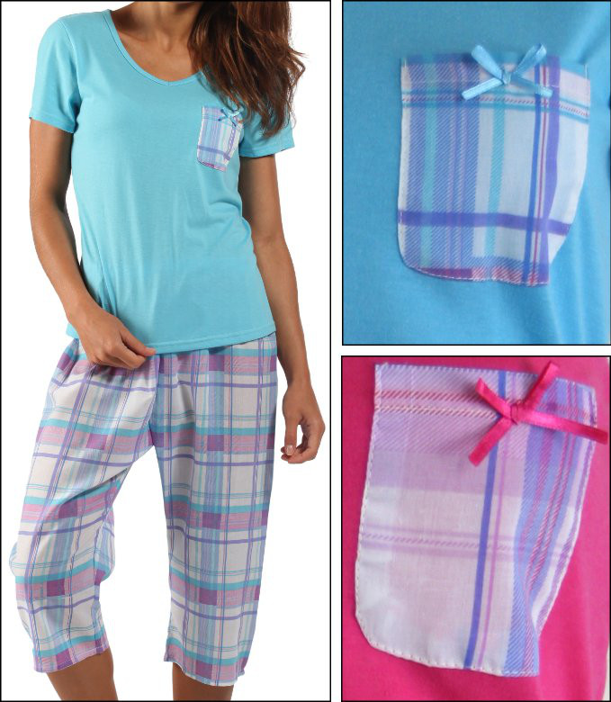 Jahetuul Damen Pyjama Set - Karierte Schlafhose Mit Kurzarm Shirt