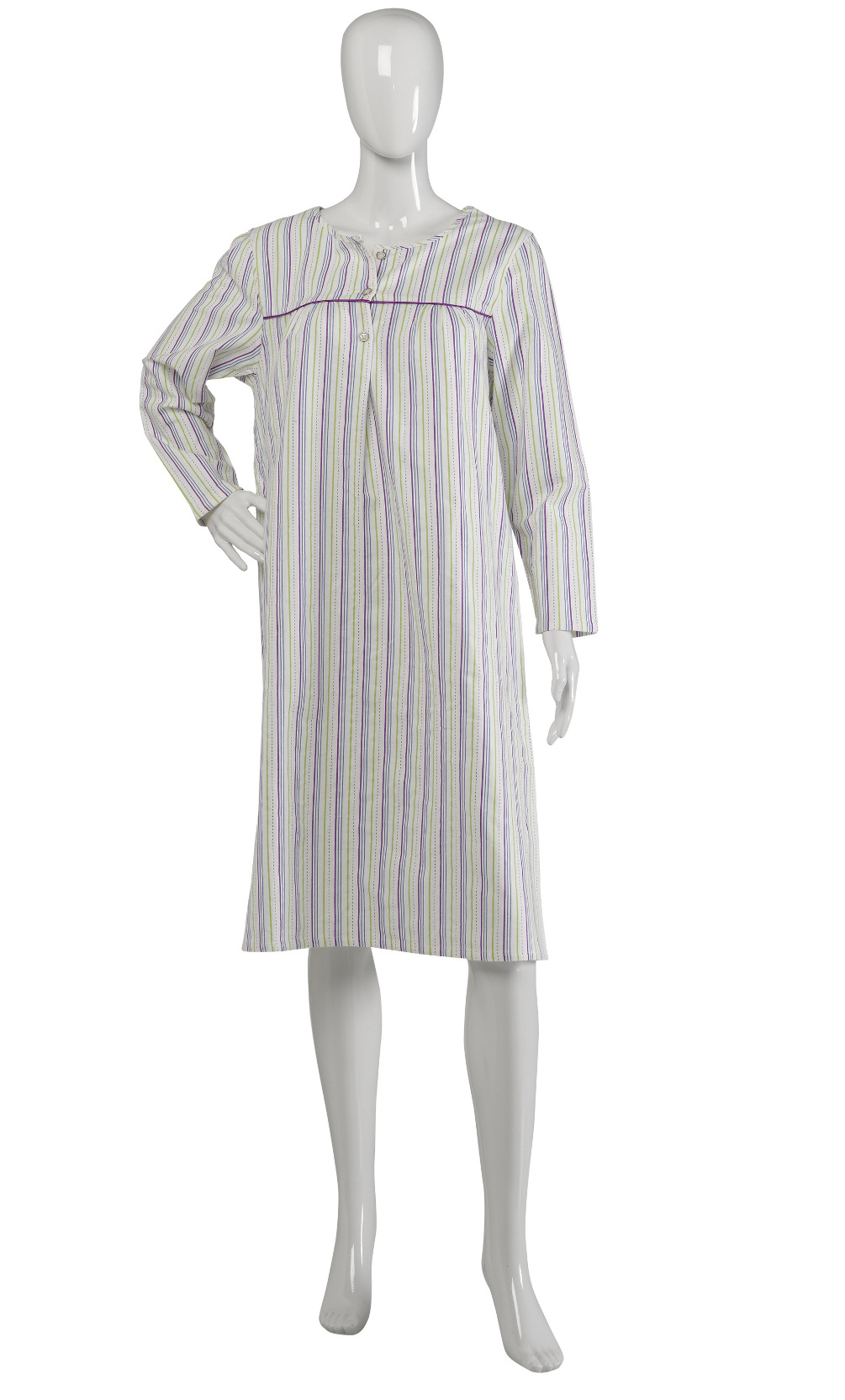 Ladies Cotton Striped Slenderella Knee Length Nightdress Long Sleeved Nightie - Picture 6 of 16