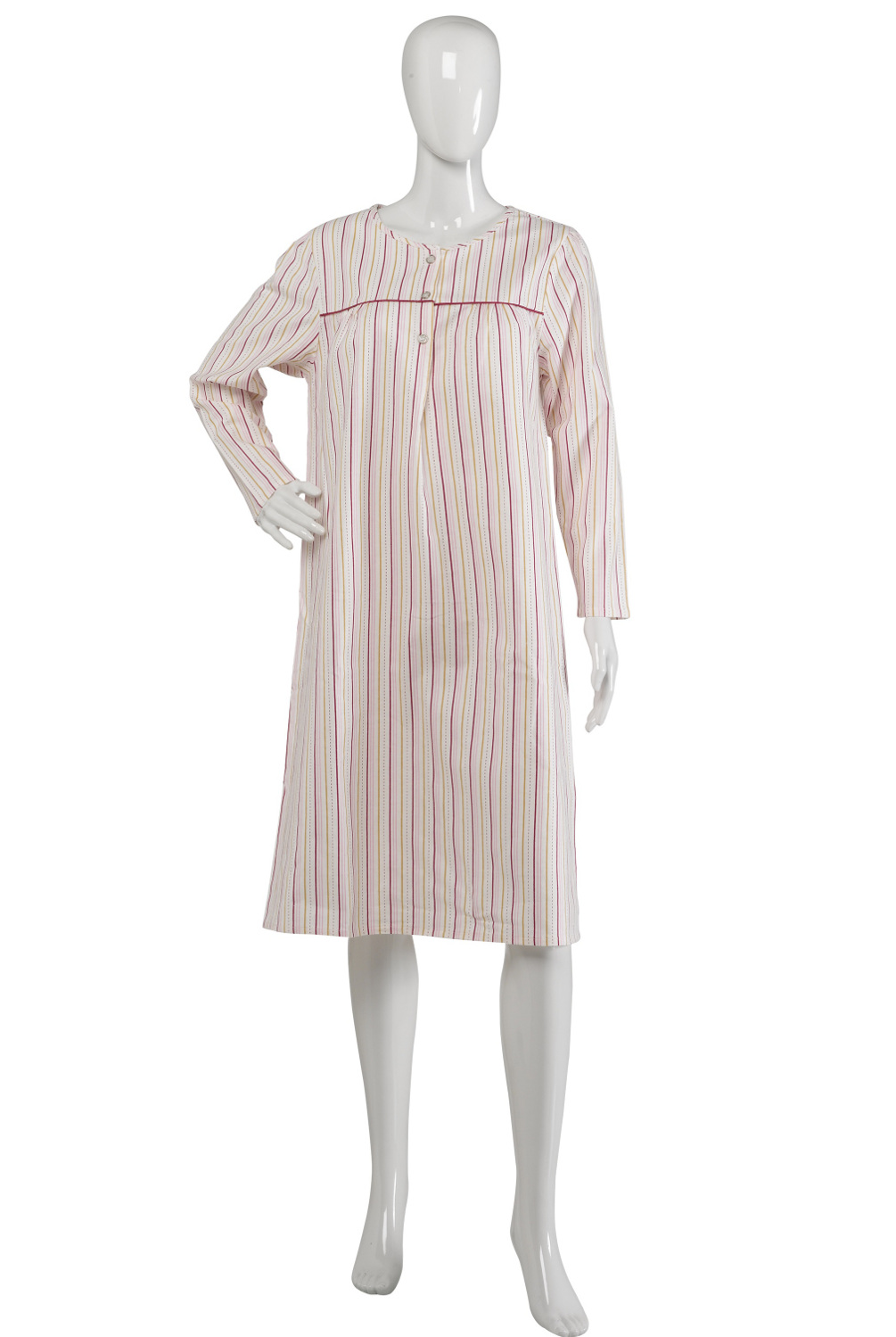 Ladies Cotton Striped Slenderella Knee Length Nightdress Long Sleeved Nightie - Picture 10 of 16