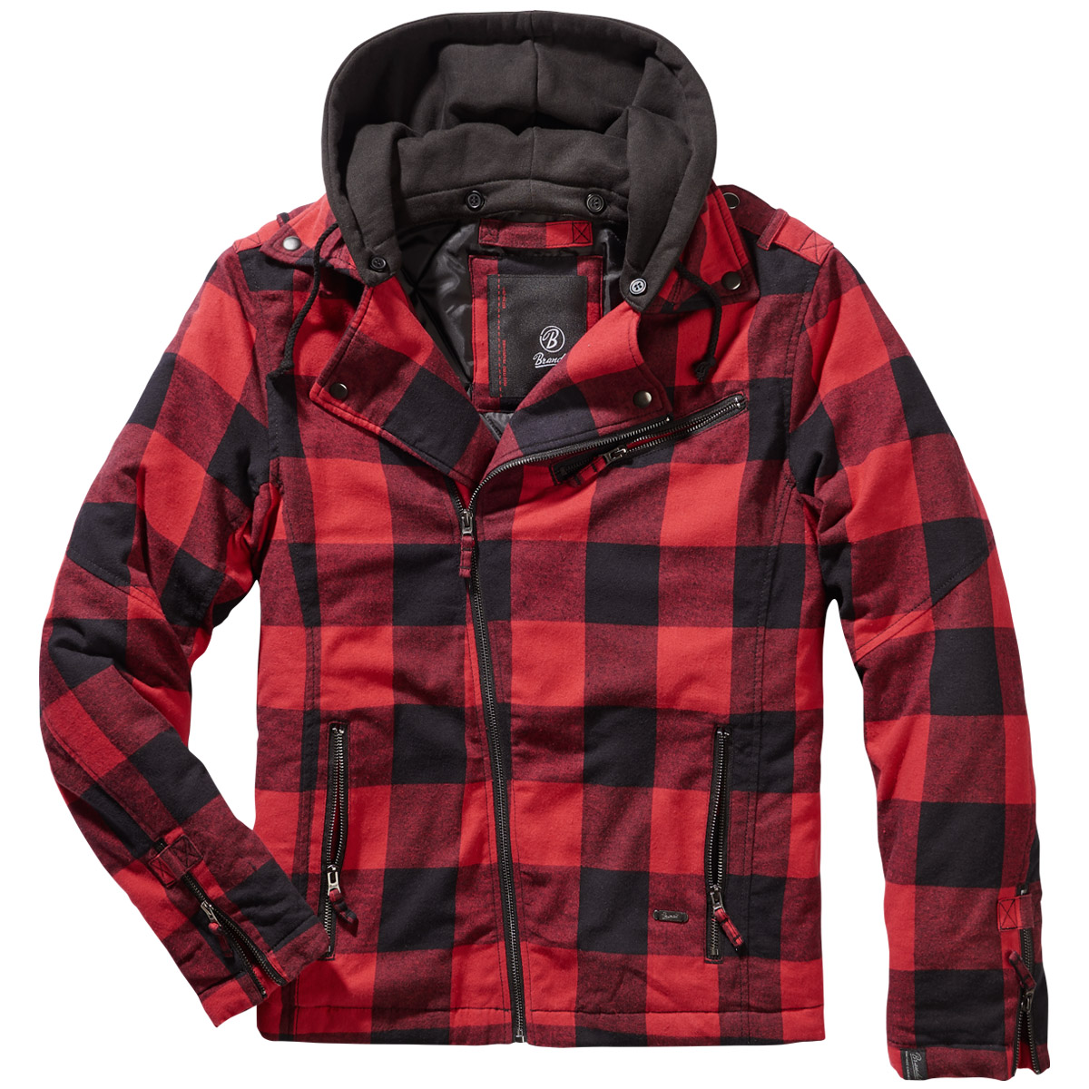 red and black flannel jacket with hood