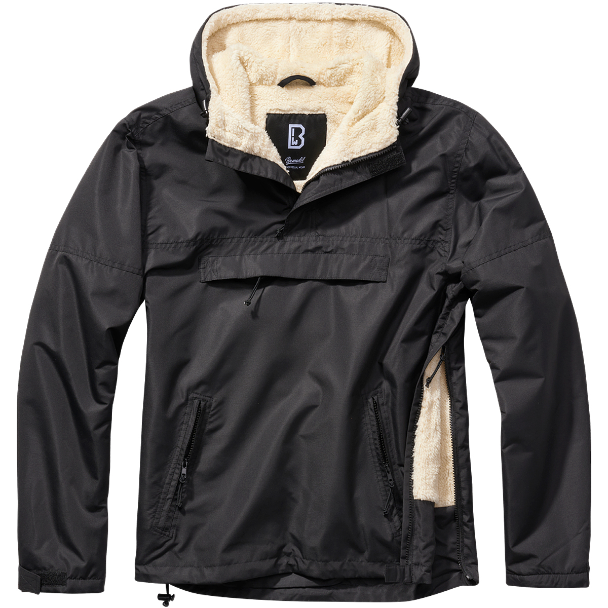 Brandit Windbreaker Sherpa Jacket Anorak Teddy Water-repellent Hooded Black - Picture 2 of 9