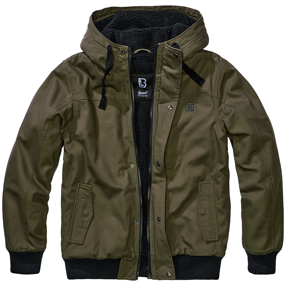Brandit Essential Jacket Mens Hood Winter Warm Teddy Coat Olive - Picture 2 of 9