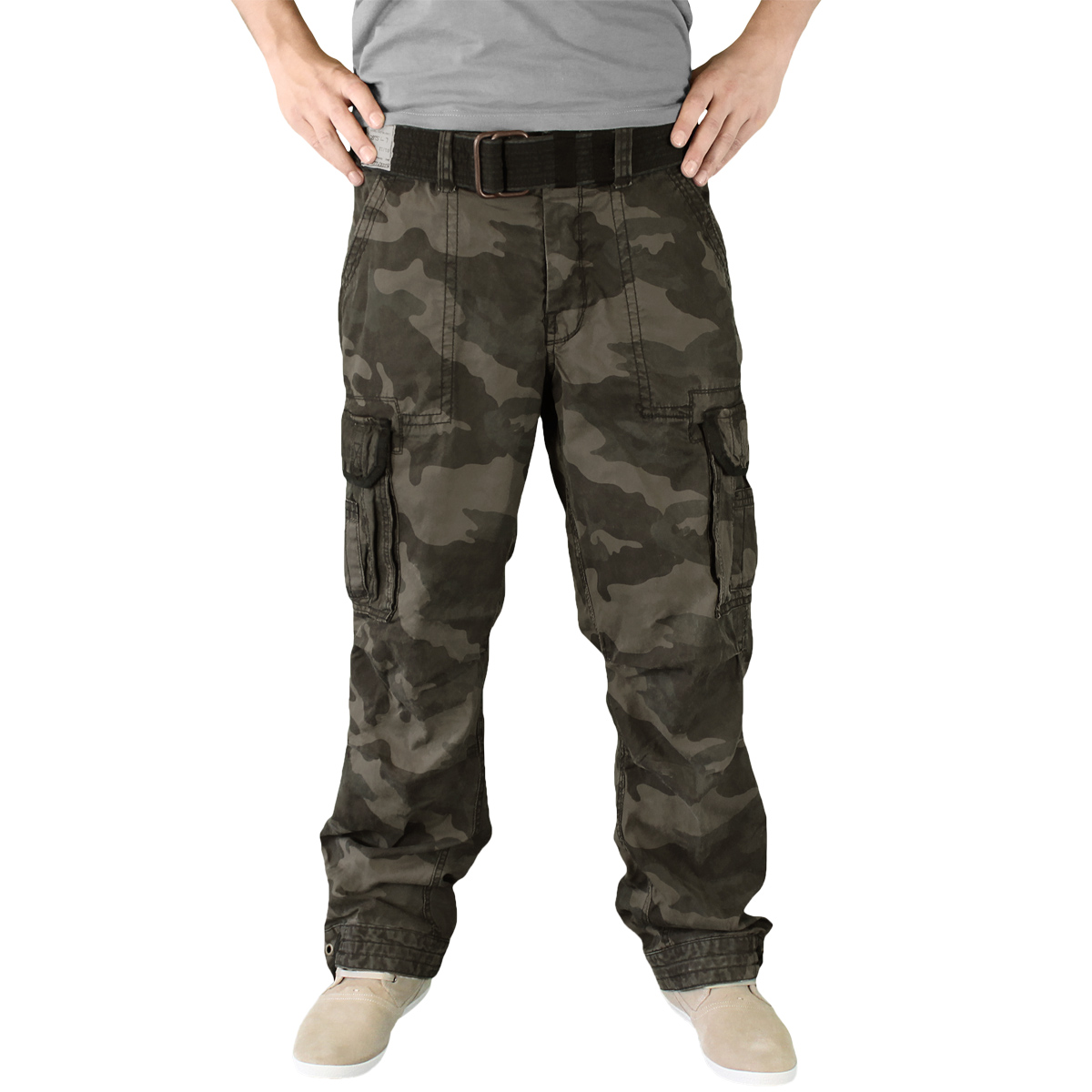 US PREMIUM VINTAGE MENS COMBATS PANTS TROUSERS + BELT WORK BLACK CAMO