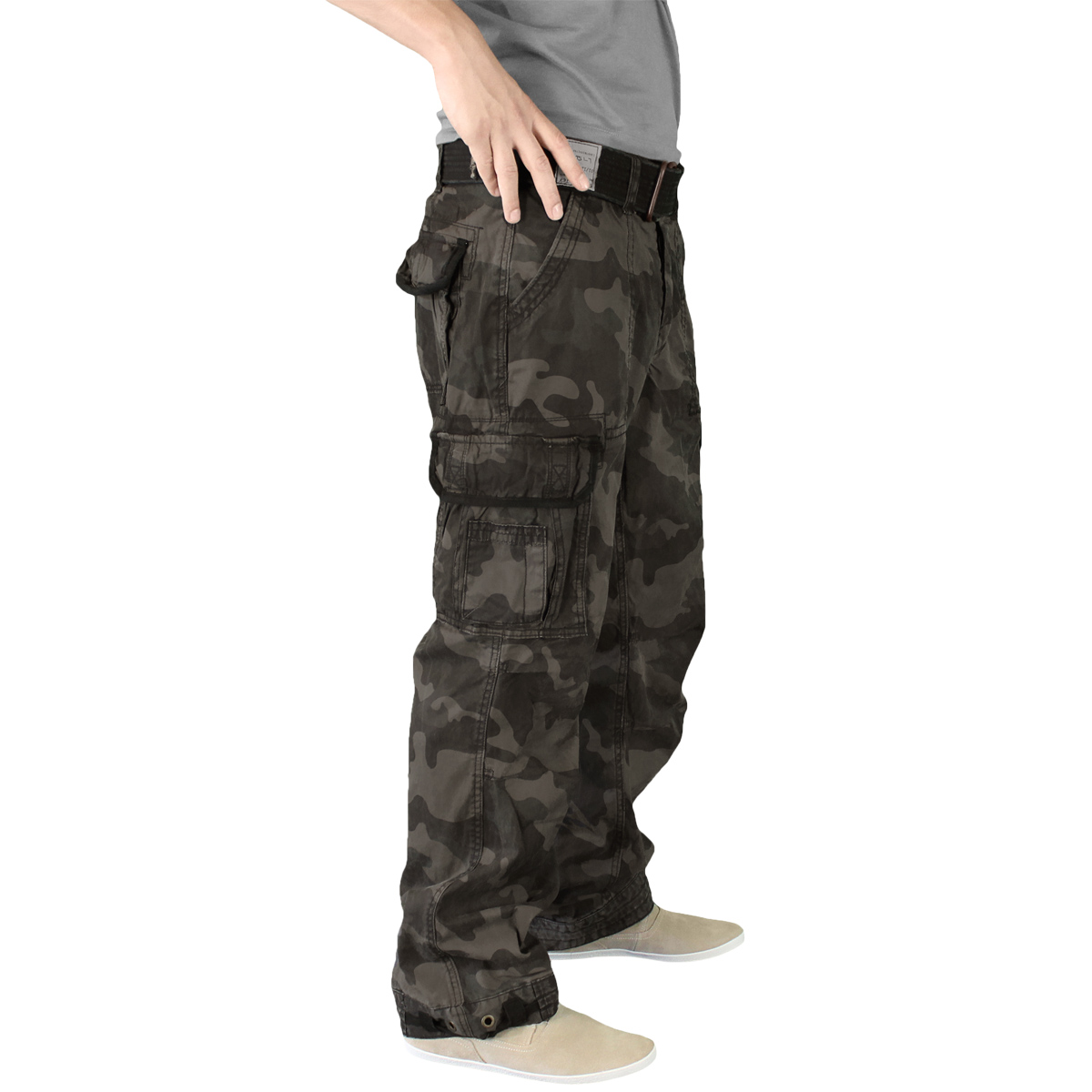 US PREMIUM VINTAGE MENS COMBATS PANTS TROUSERS + BELT WORK BLACK CAMO