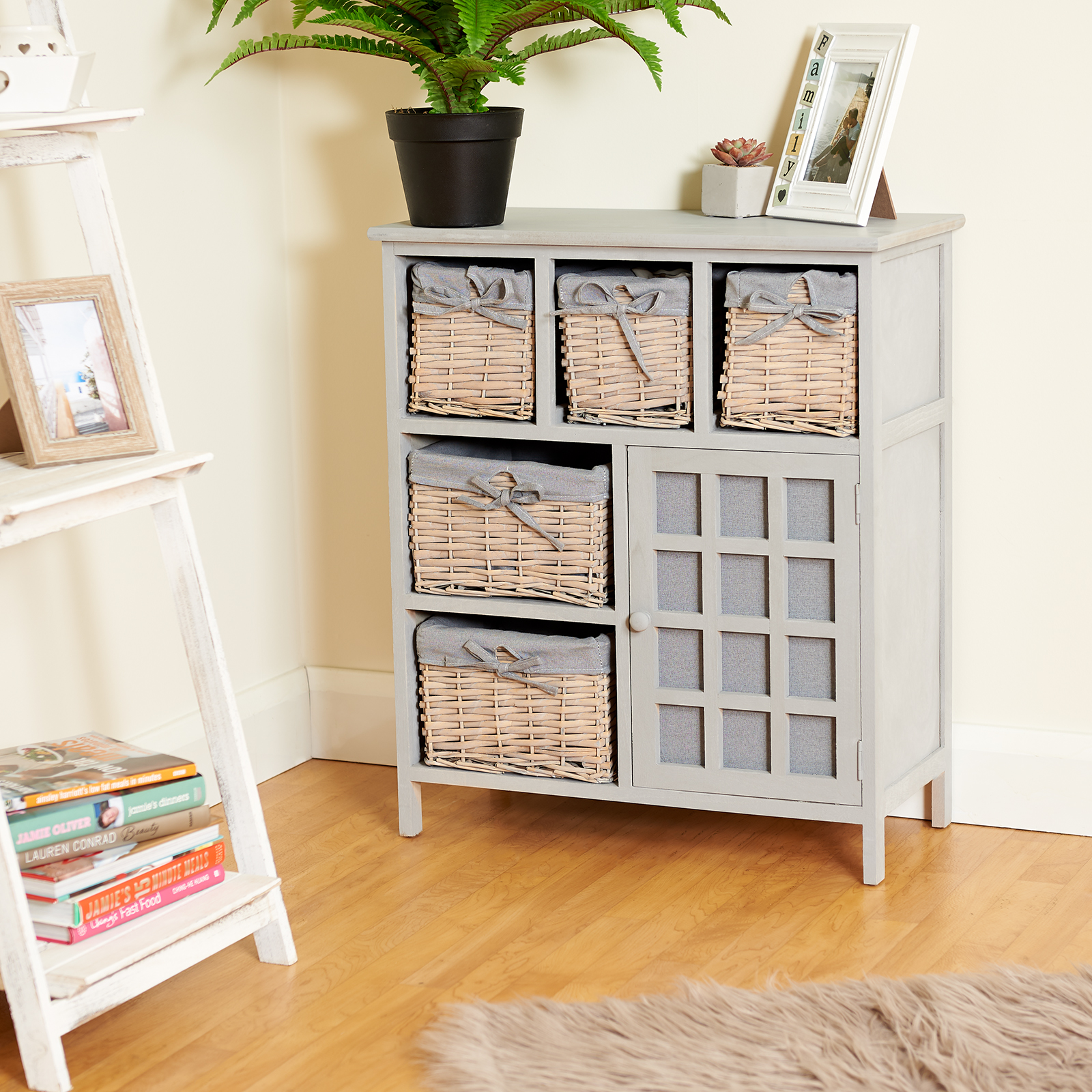 HARTLEYS GREY 5 DRAWER WICKER BASKET STORAGE UNIT SHABBY CHIC DRESSER