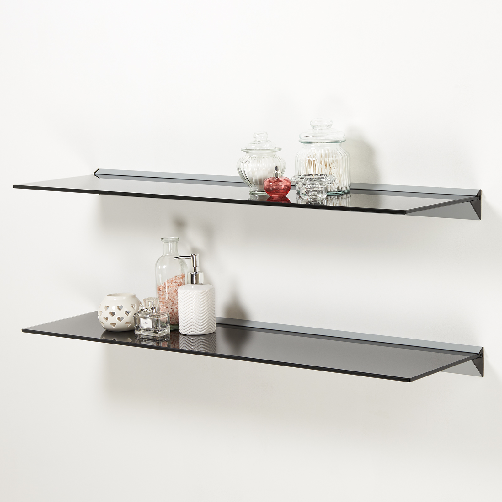 HARTLEYS PAIR/2x 100cm BLACK FLOATING GLASS WALL SHELVES STORAGE ...