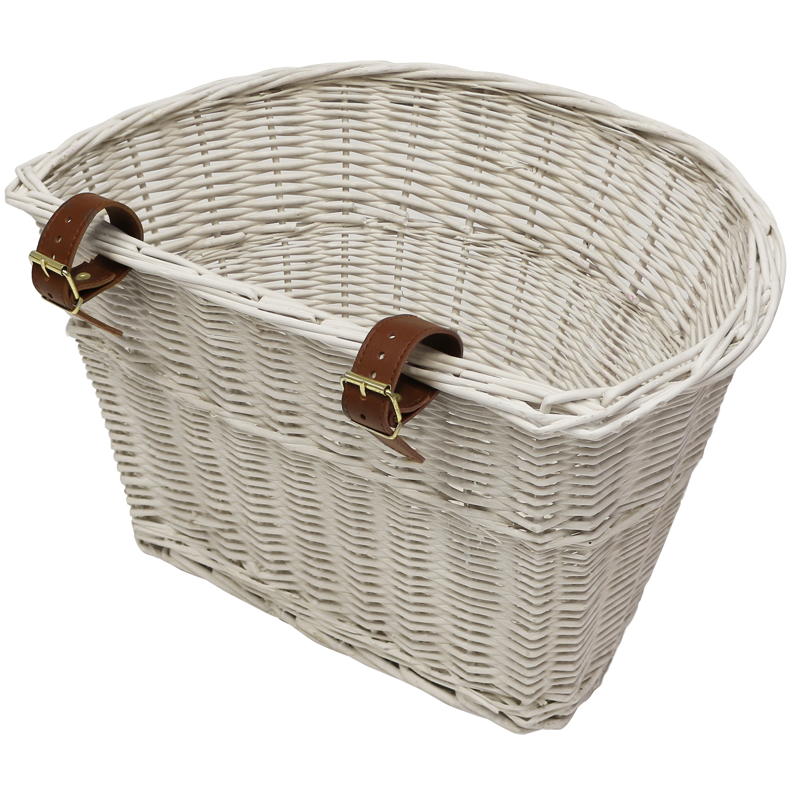 White Wicker Bicycle Basket Brown Leather Adjustable Straps Bike/Cycle