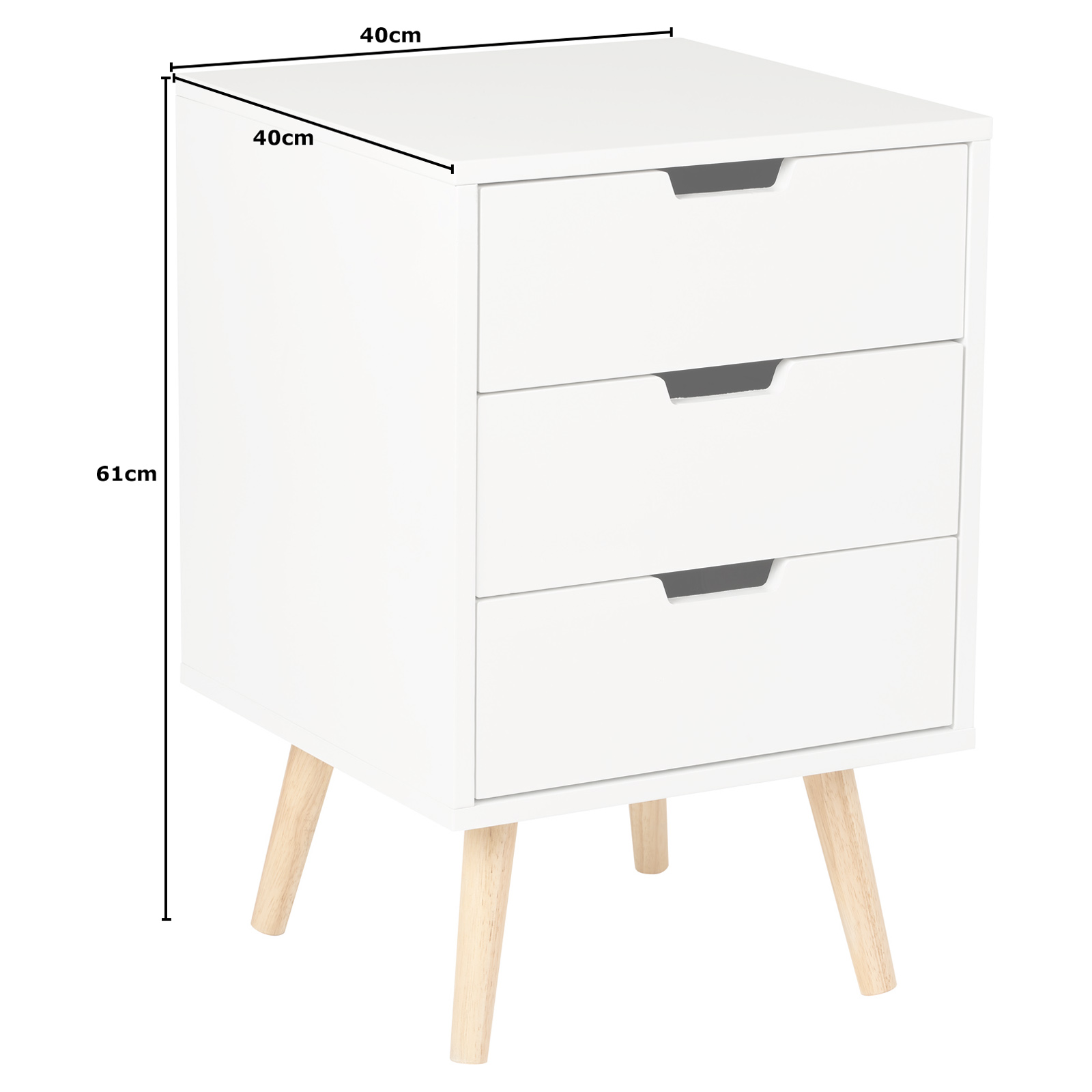 Hartleys 3 Drawer White Bedside Table Wood Legs Scandinavian Retro