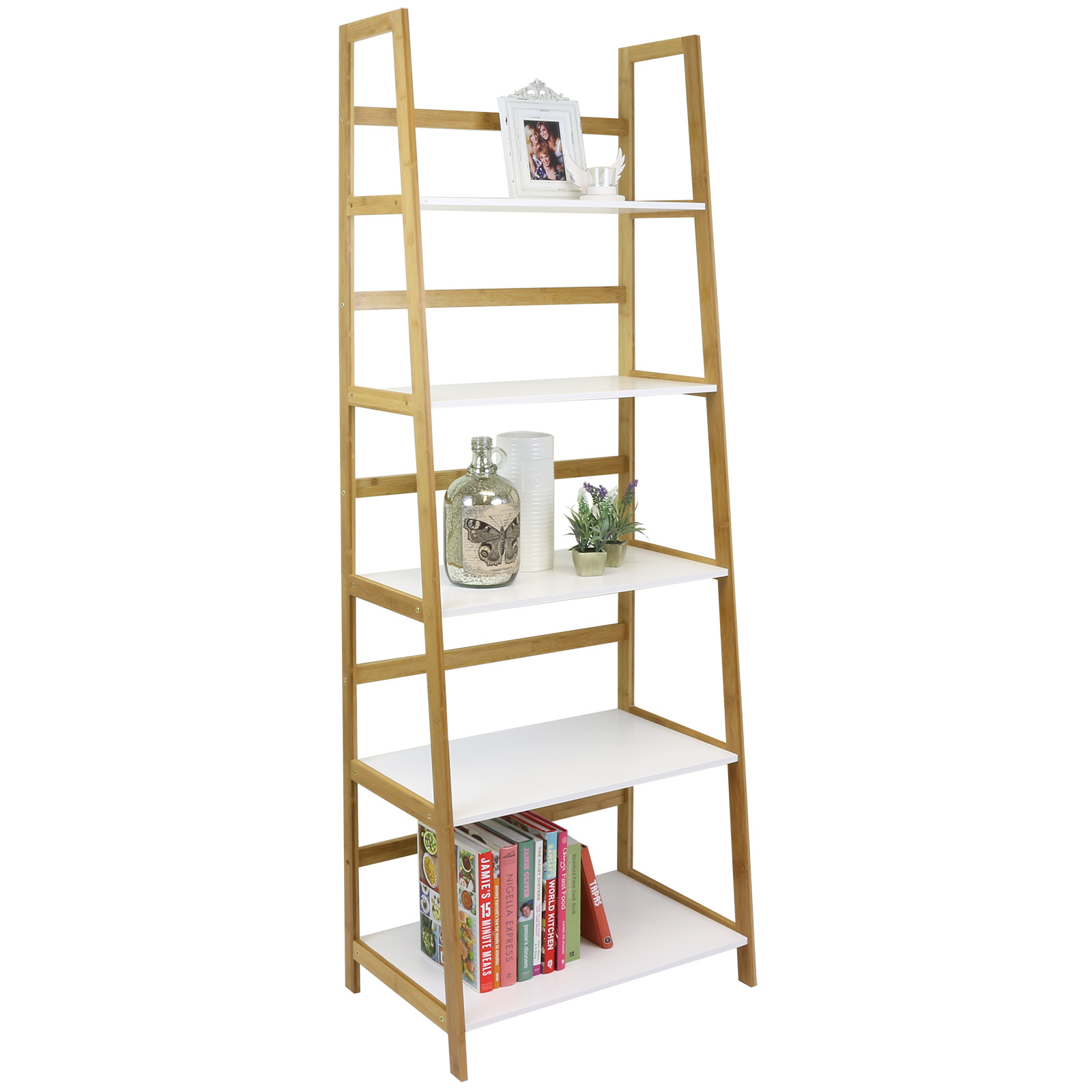 HARTLEYS WHITE & BAMBOO 5 TIER TALL BOOKCASE SHELVES MODERN HOME