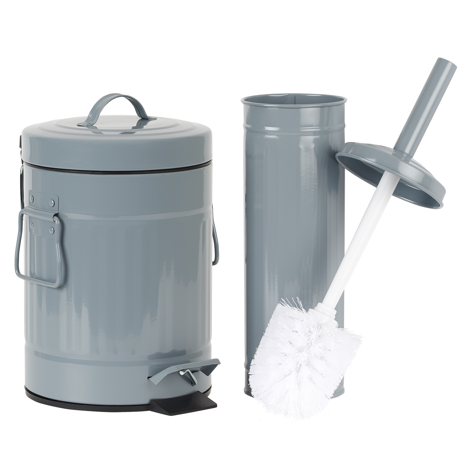 HARTLEYS GREY METAL BATHROOM PEDAL BIN AND TOILET BRUSH SET SMALL WASTE