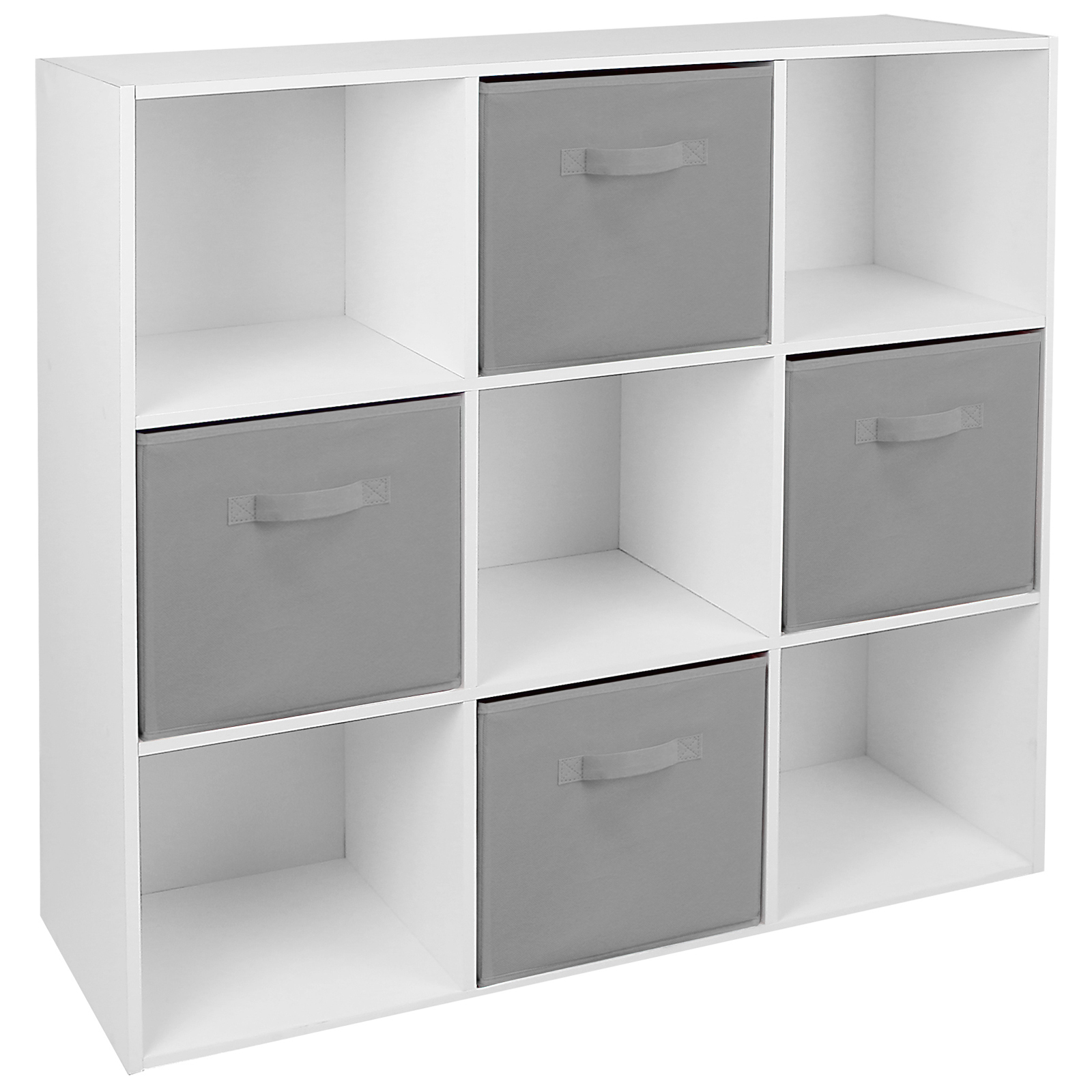 HARTLEYS WHITE 9 CUBE MODULAR SHELVING DISPLAY UNIT 4 x GREY FABRIC ...