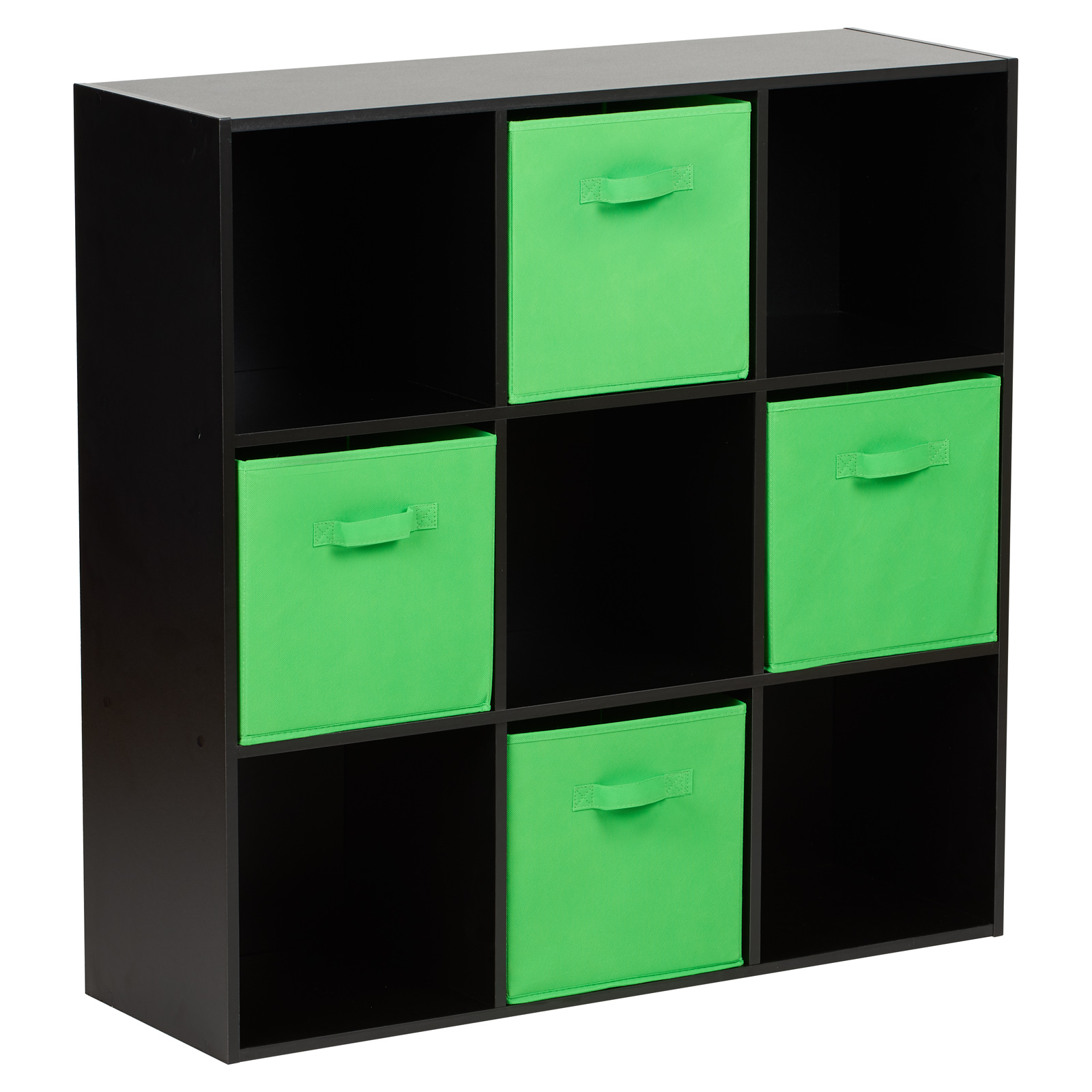 HARTLEYS BLACK 9 CUBE MODULAR SHELVING DISPLAY UNIT 4 x GREEN FABRIC STORAGE BOX Furniture book
