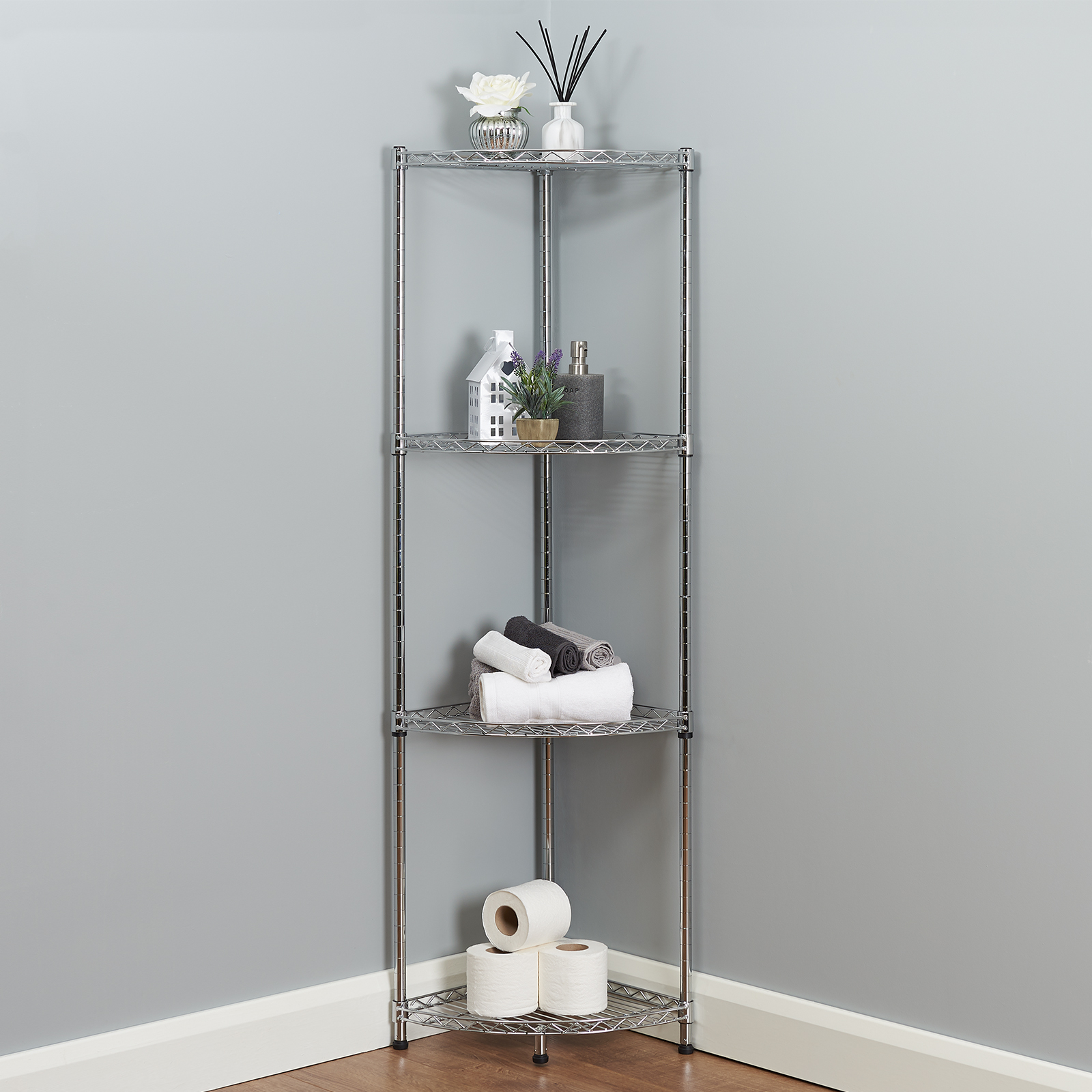 Roost Corner Wire Shelves In Use Chrome 