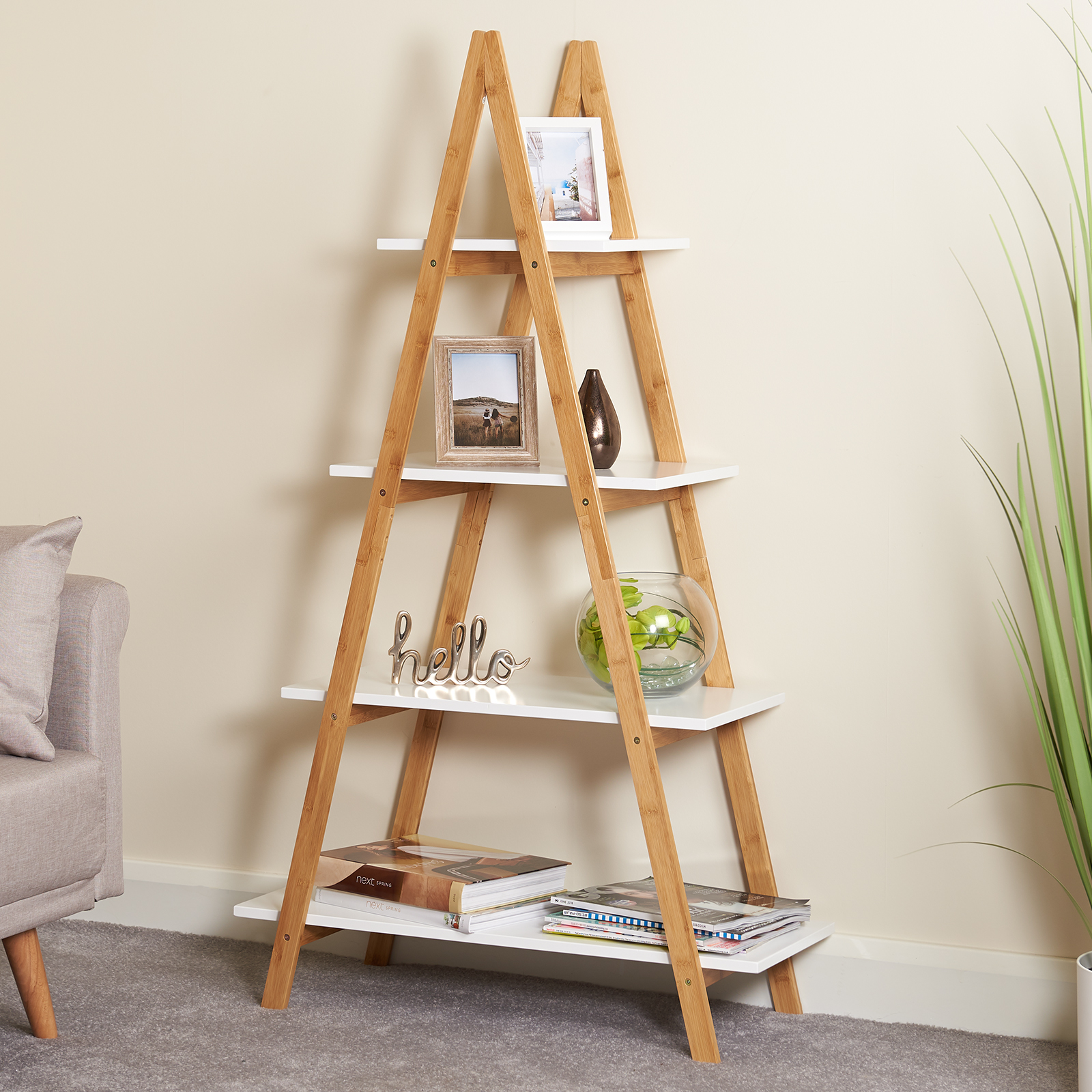 Hartleys 4 Tier White Wooden Ladder Shelf Bookcase Display ...