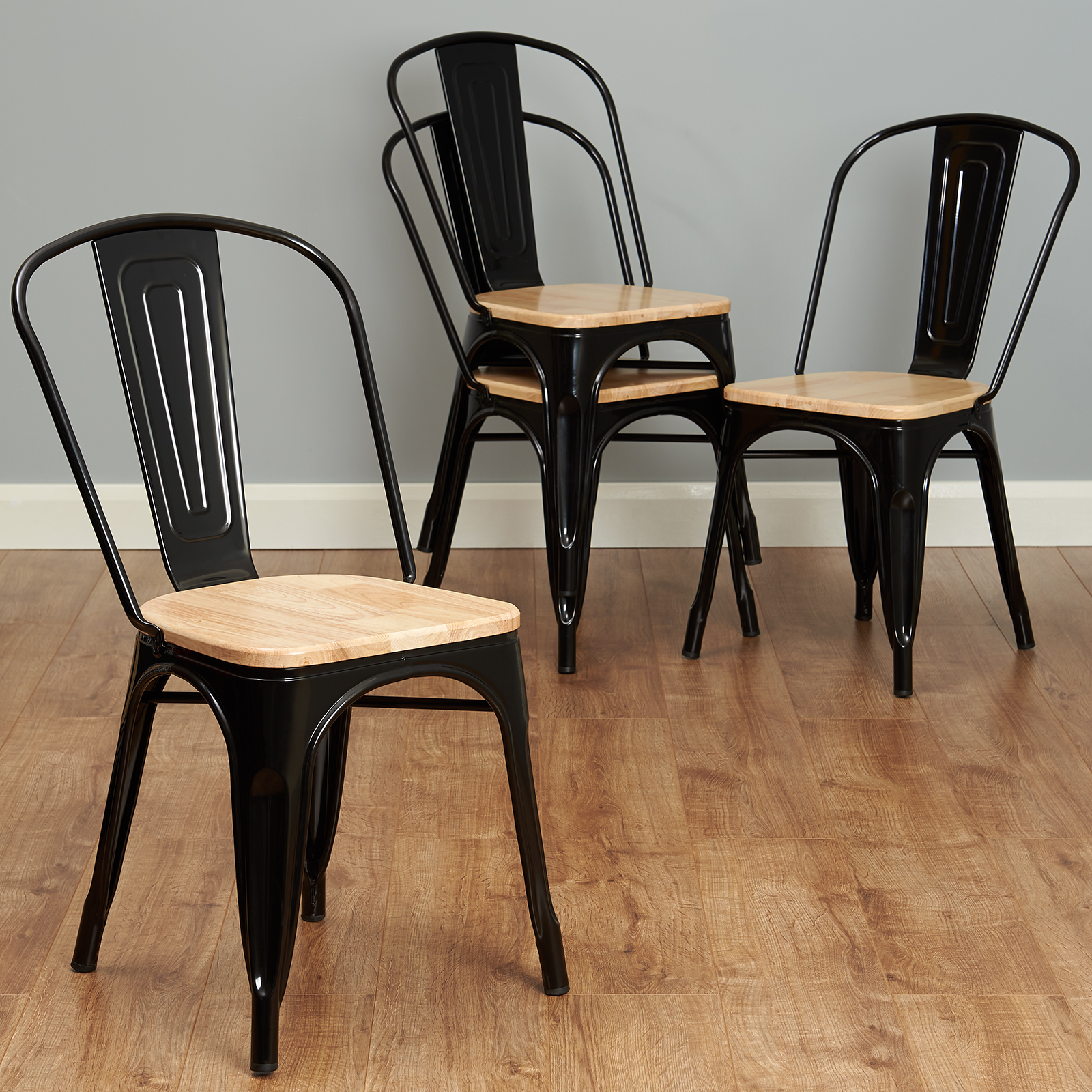 Hartleys Black Industrial Metal Dining Chair Cafe/Bistro Stacking Wood