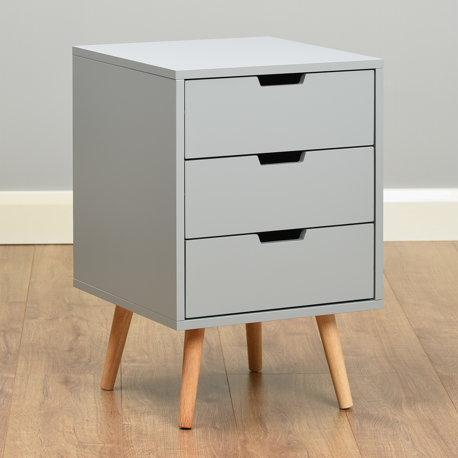 Hartleys 3 Drawer Grey Bedside Table Wood Legs Scandinavian Retro