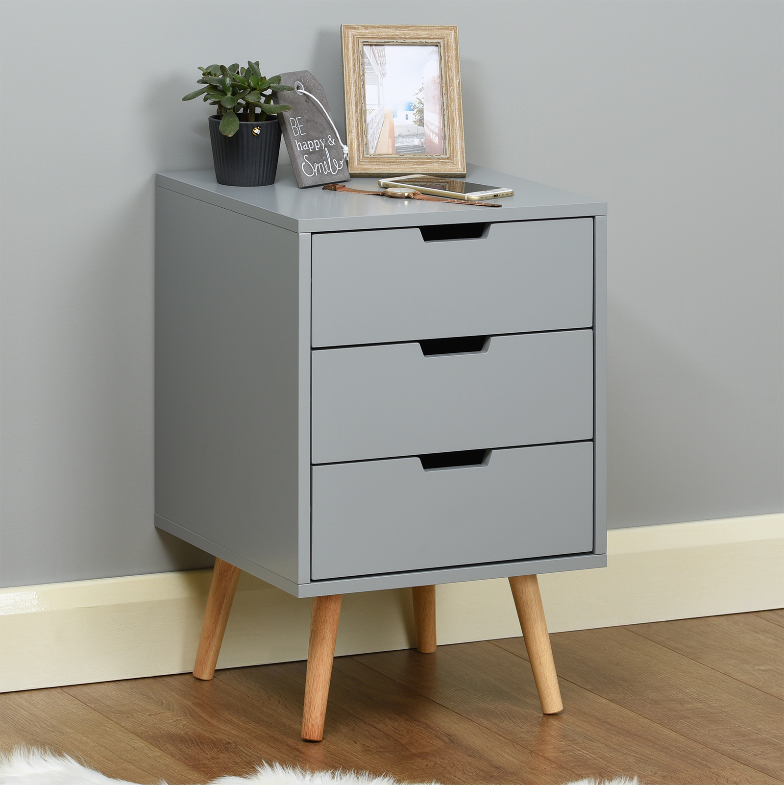 Hartleys 3 Drawer Grey Bedside Table Wood Legs Scandinavian Retro