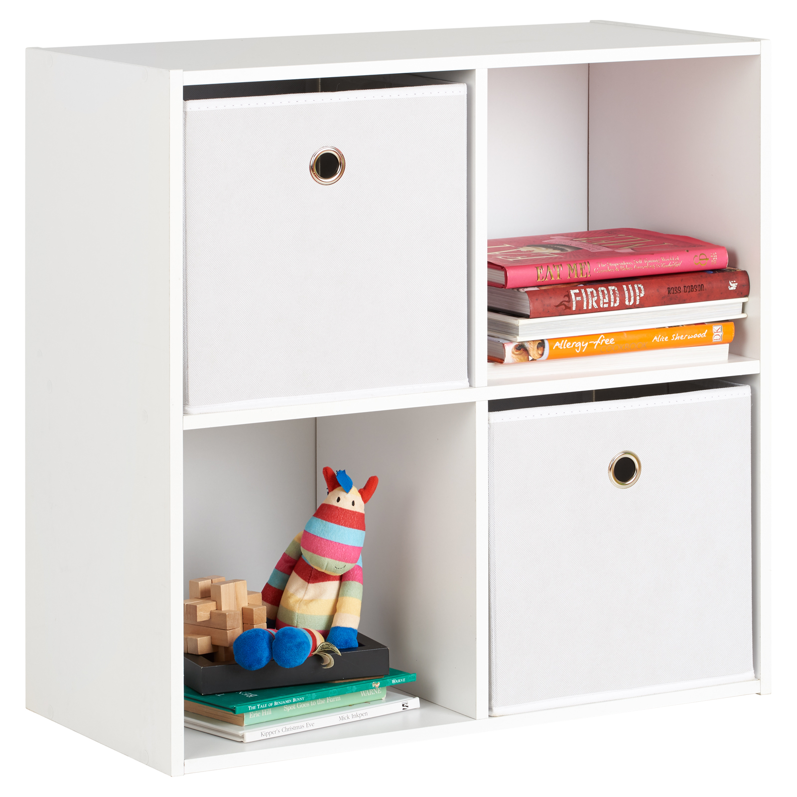 Hartleys White 4 Cube Modular Square Shelving Unit & Fabric Storage Box
