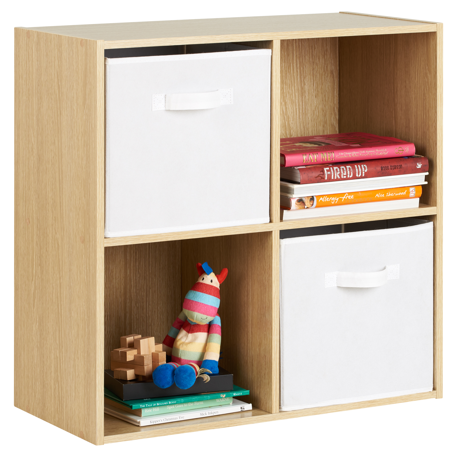 Hartleys Oak 4 Cube Storage Display Unit Bookcase Shelving Fabric