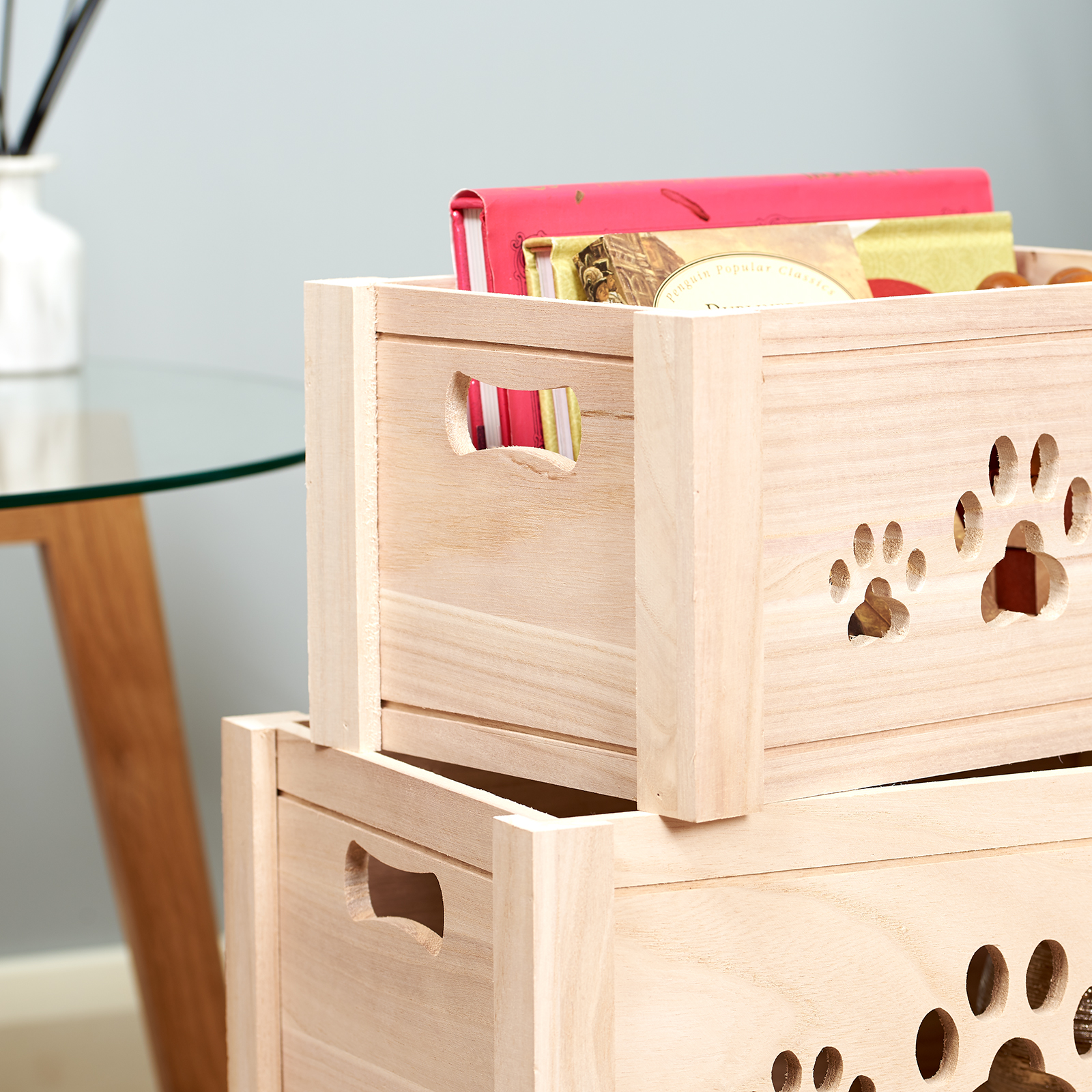 Hartleys Set Of 3 Wooden Paw Print Storage Boxes Crates Hampers
