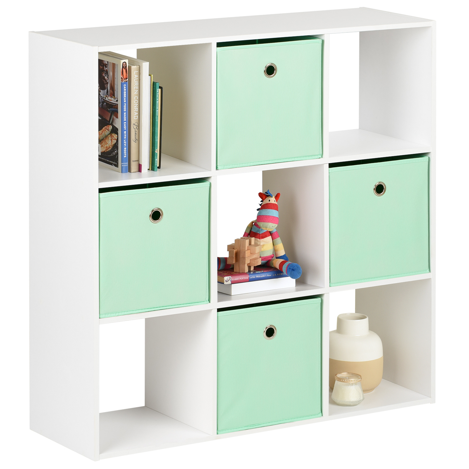 Hartleys Grey 9 Cube Unit 4 Green Storage Drawers Shelving