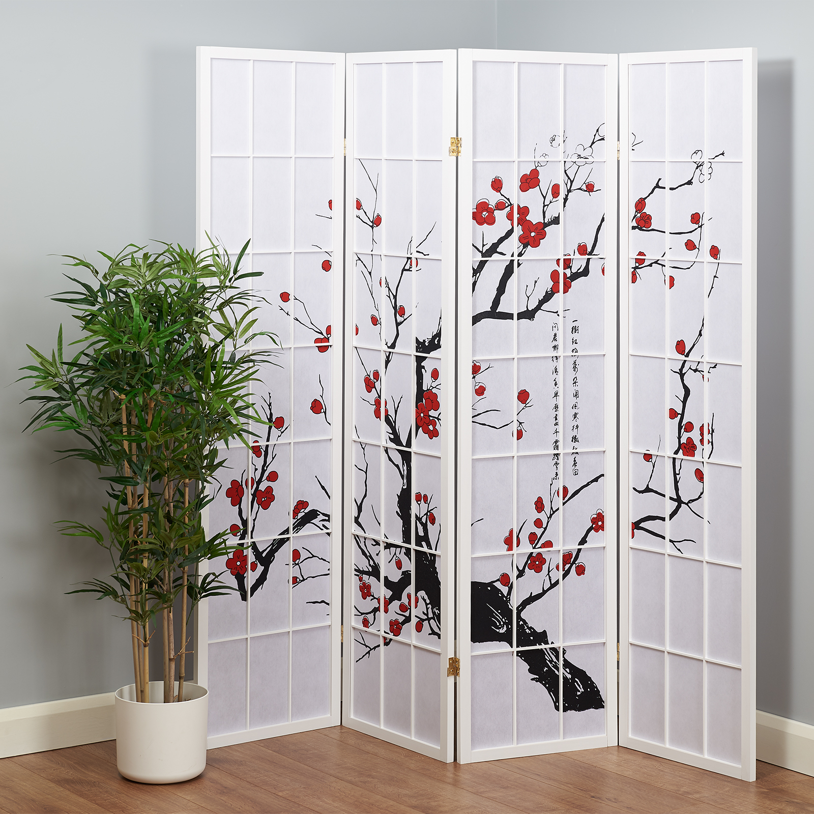 Hartleys 4 Panel Japanese Room Divider Cherry Blossom Privacy Screen