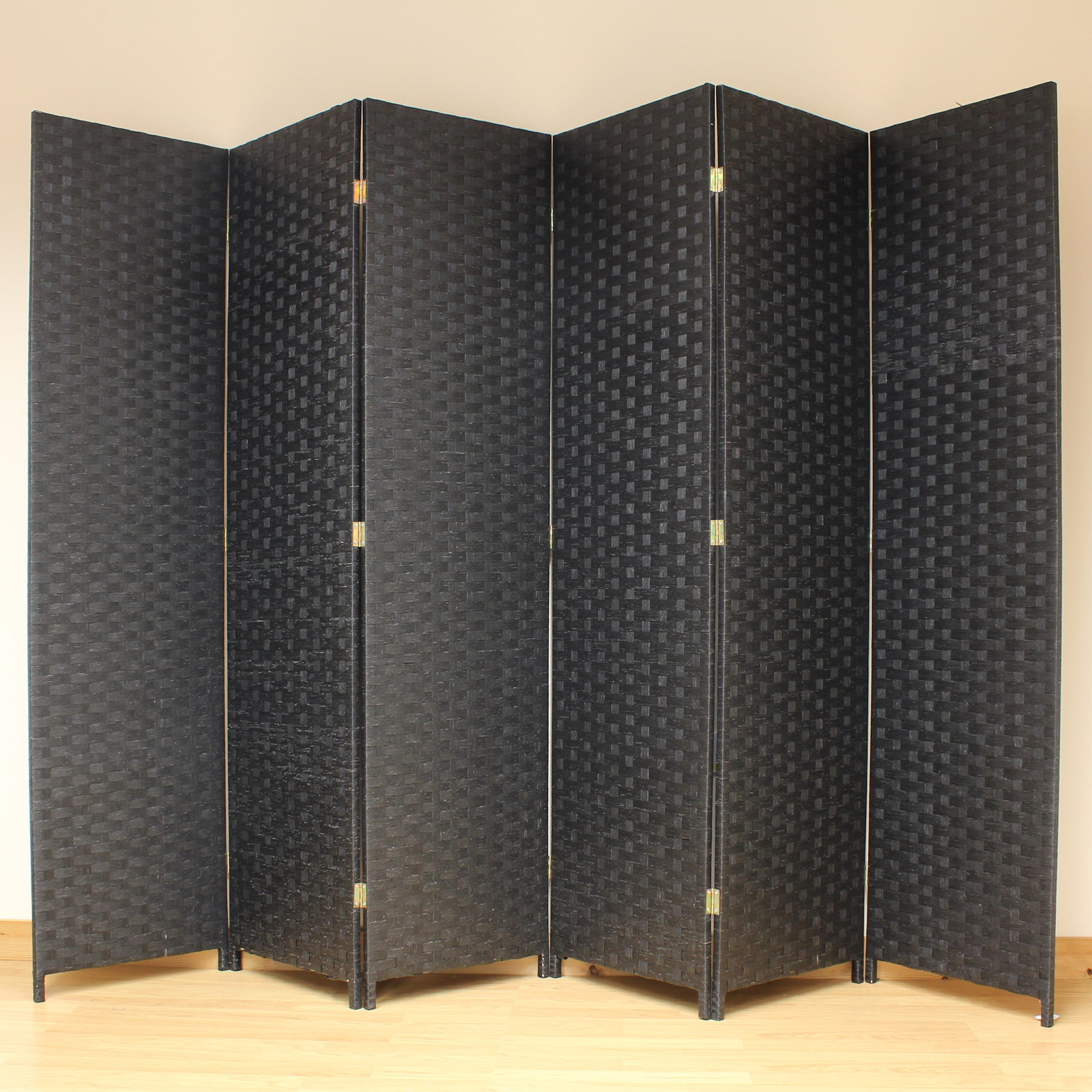 Black 6 Panel Solid Style Wicker Room Divider Hand Made Privacy Screen