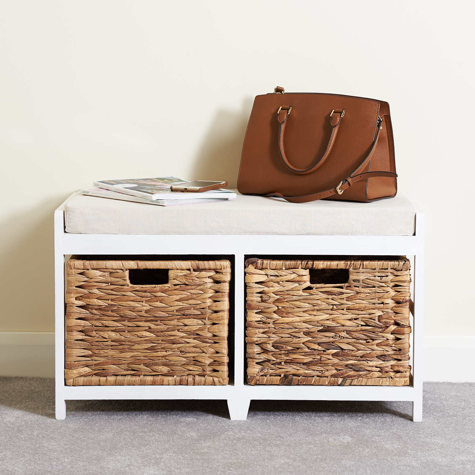 Storage Bench Cushion Seat & Seagrass Wicker Baskets Bathroom/Bedroom